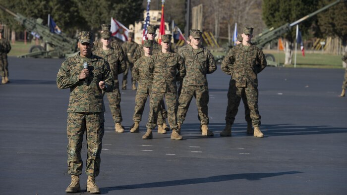 Brig. Gen. Terry V. Williams, commanding general of Marine Corps Recruit Depot Parris Island and Eastern Recruiting Region, speaks during the 75th anniversary of Officer Candidate School on Brown Field ceremony and candidate graduation at Marine Corps Base Quantico, Virginia. Nov. 24, 2015. The mission of OCS is to educate and train officer candidates in Marine Corps knowledge and skills within a controlled, challenging and chaotic environment. (U. S. Marine Corps photo by Lance Cpl. Erasmo Cortez III)