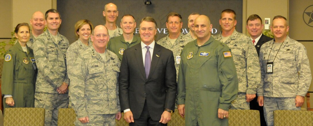 U.S. Senator David Perdue, (R) Georgia, poses for a photo with the Air Force Reserve Command's staff and leadership at Robins Air Force Base, Georgia, Nov 24, 2015. (U.S. Air Force photo by Robert Helton/RELEASED)
