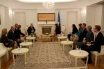 Gen. Frank Grass, chief of the National Guard Bureau, visits in Kosovo with representatives on each side of the partnership program between the U.S. and Kosovo.