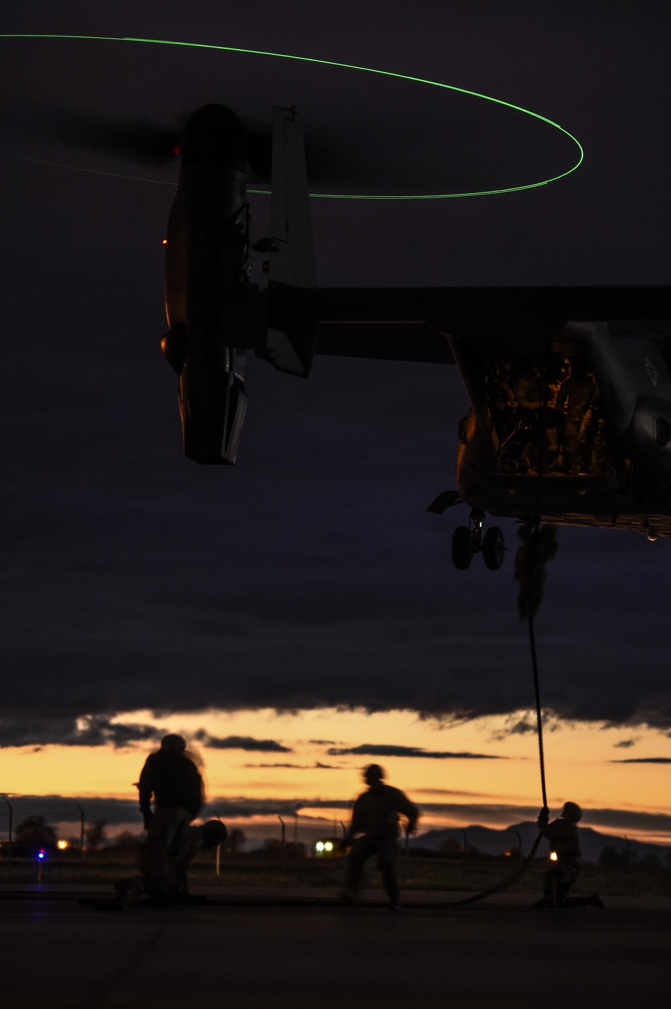 Soldiers with the 19th Special Operations Group practice fast-roping out of a CV-22 Osprey in preparation for a routine training operation at Hill Air Force Base, Utah, Nov. 4, 2015. Ultimate Archer was a task force exercise that put Air Commandos in an unfamiliar environment to practice deployed operations. The six-day exercise gave Hurlburt Airmen a chance to work with units outside of the 1st Special Operations Wing including the 388th Fighter Wing and the 19th SOG. (U.S. Air Force photo by Airman Kai White)