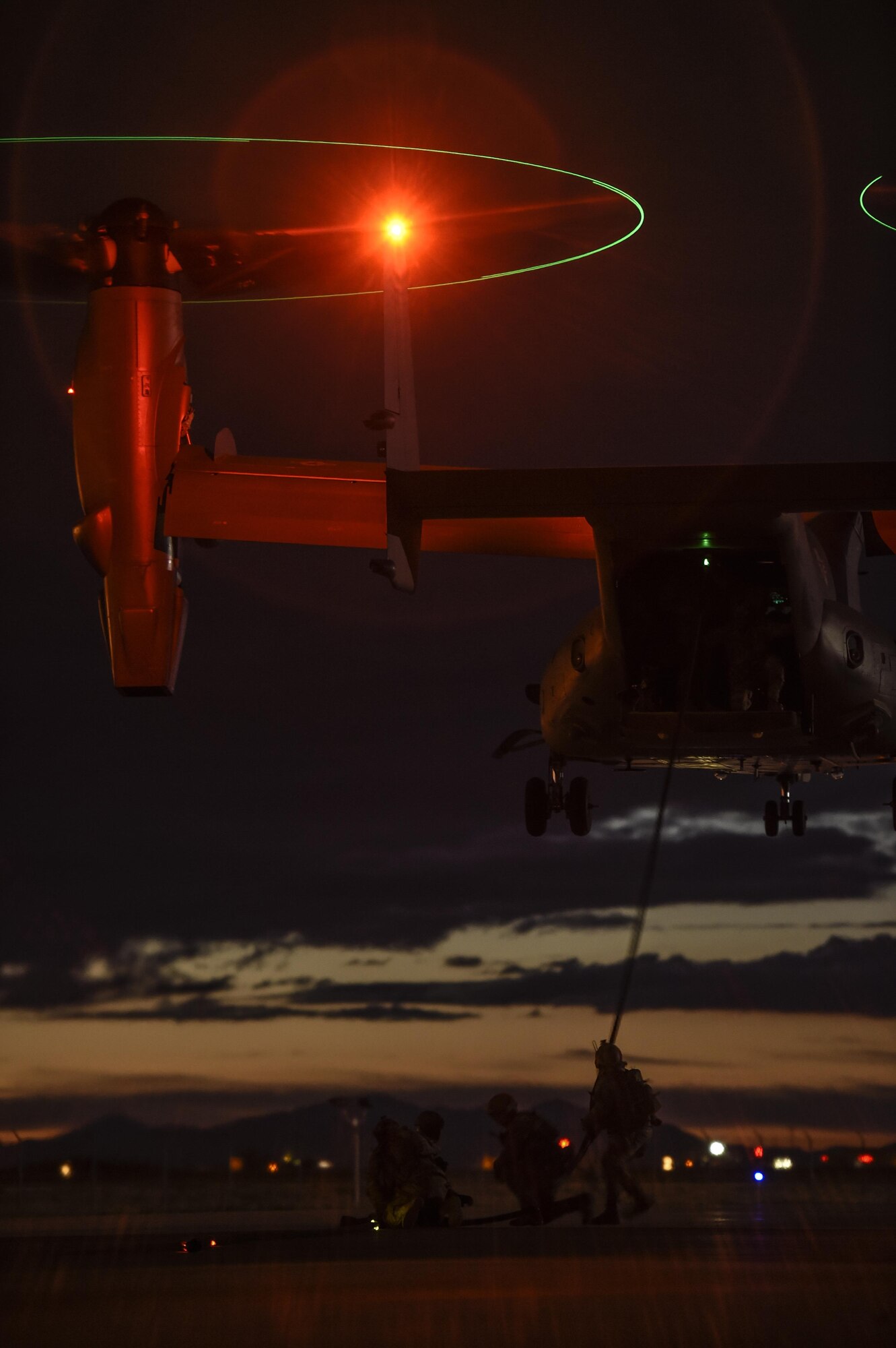 Soldiers with the 19th Special Operations Group practice fast-roping out of a CV-22 Osprey in preparation for a routine training operation at Hill Air Force Base, Utah, Nov. 4, 2015. Ultimate Archer was a task force exercise that put Air Commandos in an unfamiliar environment to practice deployed operations. The six-day exercise gave Hurlburt Airmen a chance to work with units outside of the 1st Special Operations Wing including the 388th Fighter Wing and the 19th SOG. (U.S. Air Force photo by Airman Kai White)