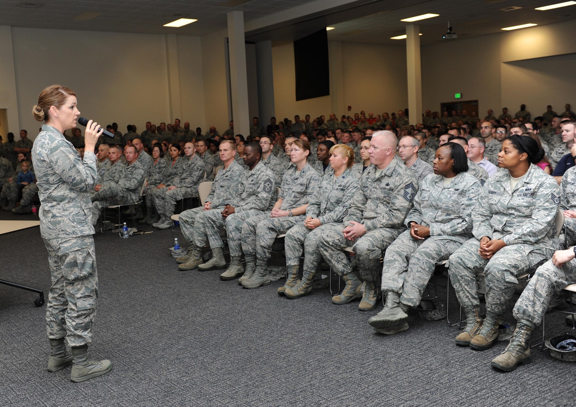 Col. Michele Edmondson, 81st Training Wing commander, speaks during the final commander’s call at the Roberts Consolidated Aircraft Maintenance Facility Nov. 20, 2015, Keesler Air Force Base, Miss. The event was the final one of several wing events held during Wingman Week to reinforce the wingman concept and focus on unit cohesion and wellness. (U.S. Air Force photo by Kemberly Groue)