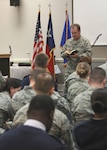 Chaplain Brig. Gen. Steve Chisolm, Air National Guard Assistant to the U.S. Air Force Chief of Chaplains, preaches to Texas Air National Guard members and their families during a chapel service held at the 136th Airlift Wing headquarters, Nov. 15, 2015, Naval Air Station Joint Reserve Base Fort Worth, Texas.