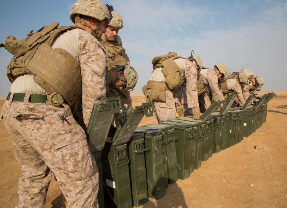 U.S. Marines with Combined Anti-Armor Team (CAAT), Weapons Company, 1st Battalion, 7th Marine Regiment, open containers of 81mm high explosive (HE) mortars on a demolition range at Al Asad Air Base, Iraq, Nov. 9, 2015. The CAAT platoon helps prepare the mortars for a controlled detonation to rid these HE mortars that were deemed unserviceable by an ammo technician. The unit is the ground combat element of the Special Purpose Marine Air Ground Task Force - Crisis Response - Central Command, in support of Combined Joint Task Force – Operation Inherent Resolve. (U. S. Marine Corps photo by Staff Sgt. Nathan O. Sotelo/Released)