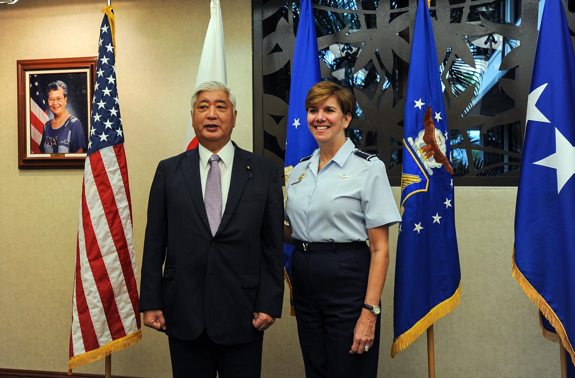 U.S. Air Force Gen. Lori J. Robinson (right), Pacific Air Forces commander, meets with Japan Minister of Defense Gen Nakatani during his visit to PACAF, Joint Base Pearl Harbor-Hickam, Hawaii, Nov. 24, 2015. Nakatani and members of his defense forces were here to conduct bilateral talks with U.S. Pacific Command and PACAF about ongoing and future operations in the Indo-Asia-Pacific region. (U.S. Air Force photo by Tech. Sgt. Amanda Dick/Released)
