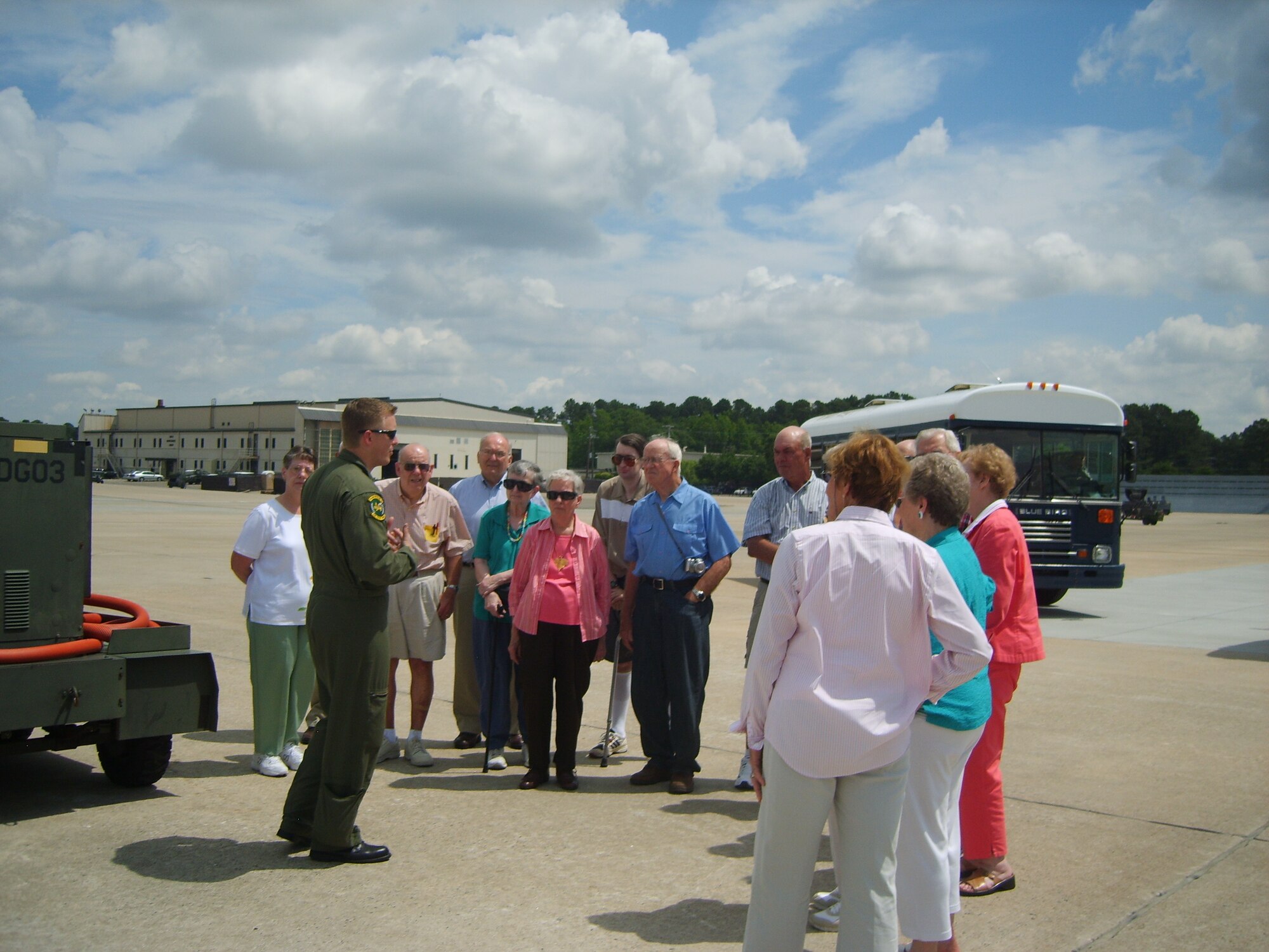 A group takes a tour of the flightline, Nov. 25, 2008, at Seymour Johnson Air Base, North Carolina. The city of Goldsboro has coordinated monthly tours for several years for community members to catch a glimpse of the daily happenings on base. (Courtesy photo)