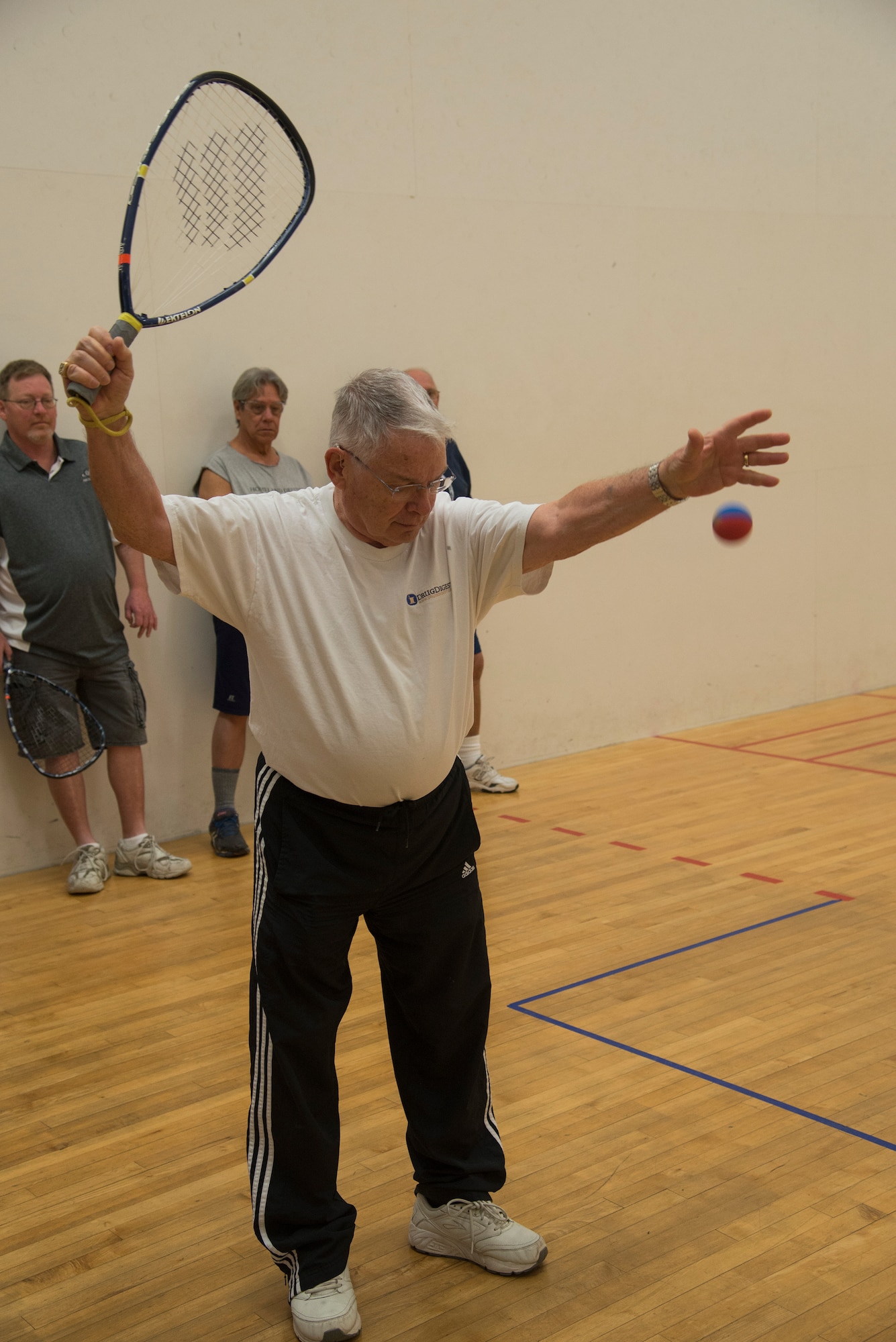 A veteran practices racquetball November 13, 2015, at the James Sports Center. Racquetball is a sport used for rehabilitation of Post-Traumatic Stress Disorder. (U.S. Air Force photo by Airman Gwendalyn Smith)  