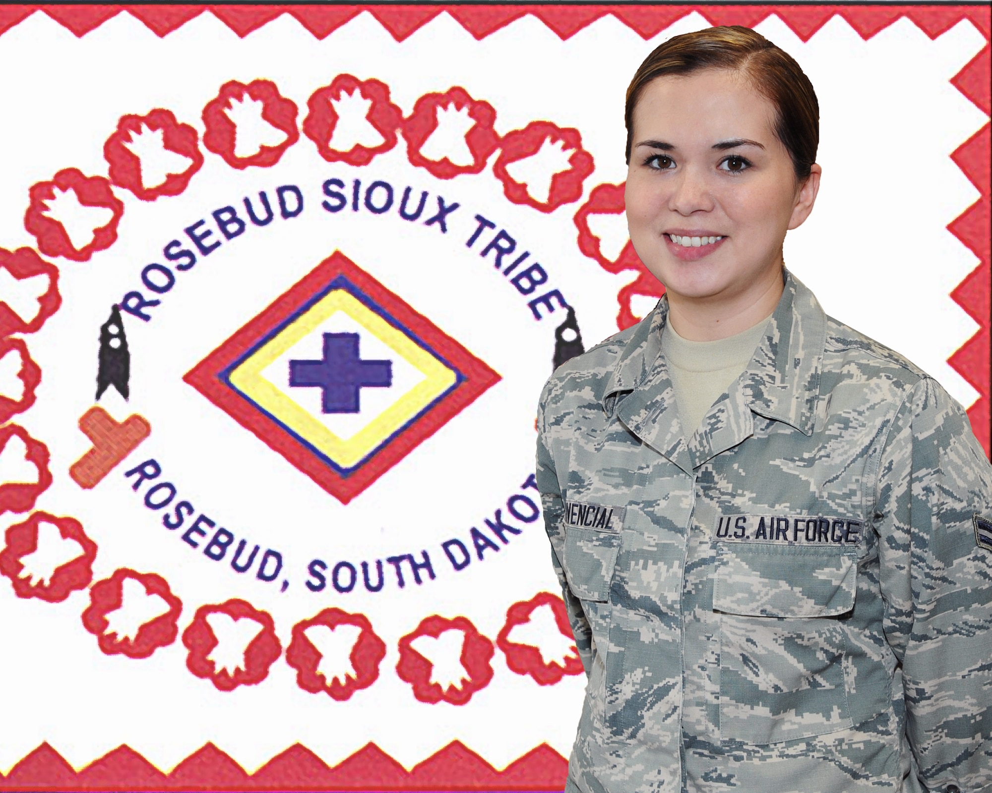 Airman 1st Class Cristi Provencial, a knowledge management and SharePoint administer with the 6th Communications Squadron at MacDill Air Force Base, Fla., is shown in front of the Rosebud Sioux Tribe flag. Provencial grew up on the Rosebud Sioux Tribe Reservation located in Mission, S. D., and joined the U.S. Air Force in February 2014. (U.S. Air Force photo illustration by Senior Airman Danielle Quilla)