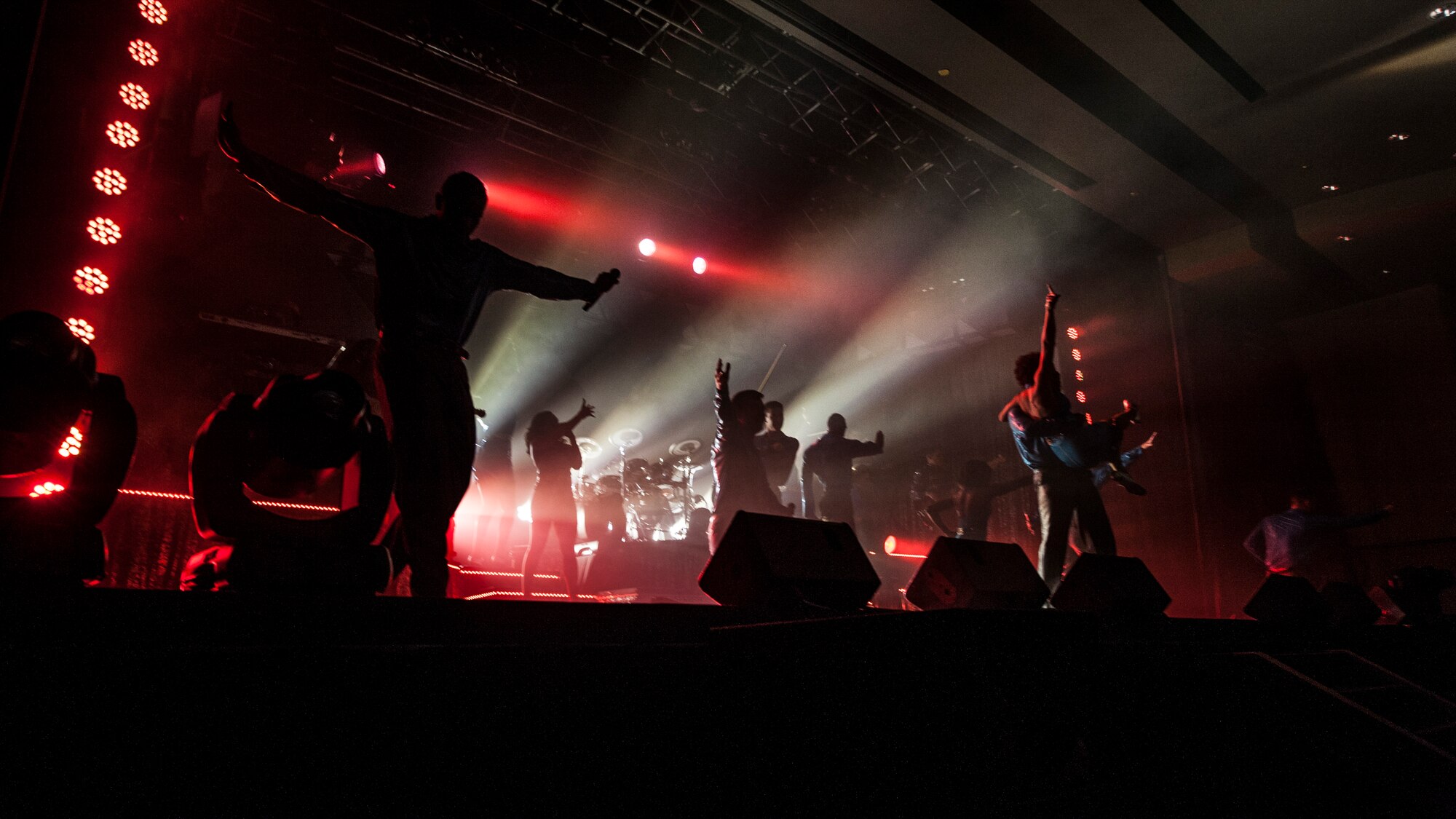 Tops in Blue performers finish up a set during a performance Nov. 23, 2015, Northern Quest Casino in Airway Heights, Wash. The group range from the young Airmen and Officers to the seasoned Senior NCOs who come from a wide variety of Air Force career fields, including maintenance to medical, communications to intelligence and everything in between. (U.S. Air Force photo/ Airman 1st Class Sean Campbell)