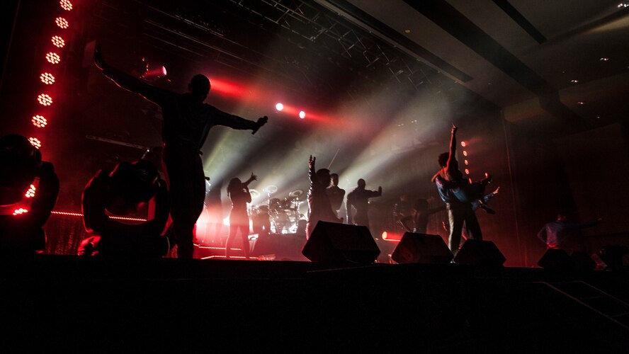 Tops in Blue performers finish up a set during a performance Nov. 23, 2015, Northern Quest Casino in Airway Heights, Wash. The group range from the young Airmen and Officers to the seasoned Senior NCOs who come from a wide variety of Air Force career fields, including maintenance to medical, communications to intelligence and everything in between. (U.S. Air Force photo/ Airman 1st Class Sean Campbell)