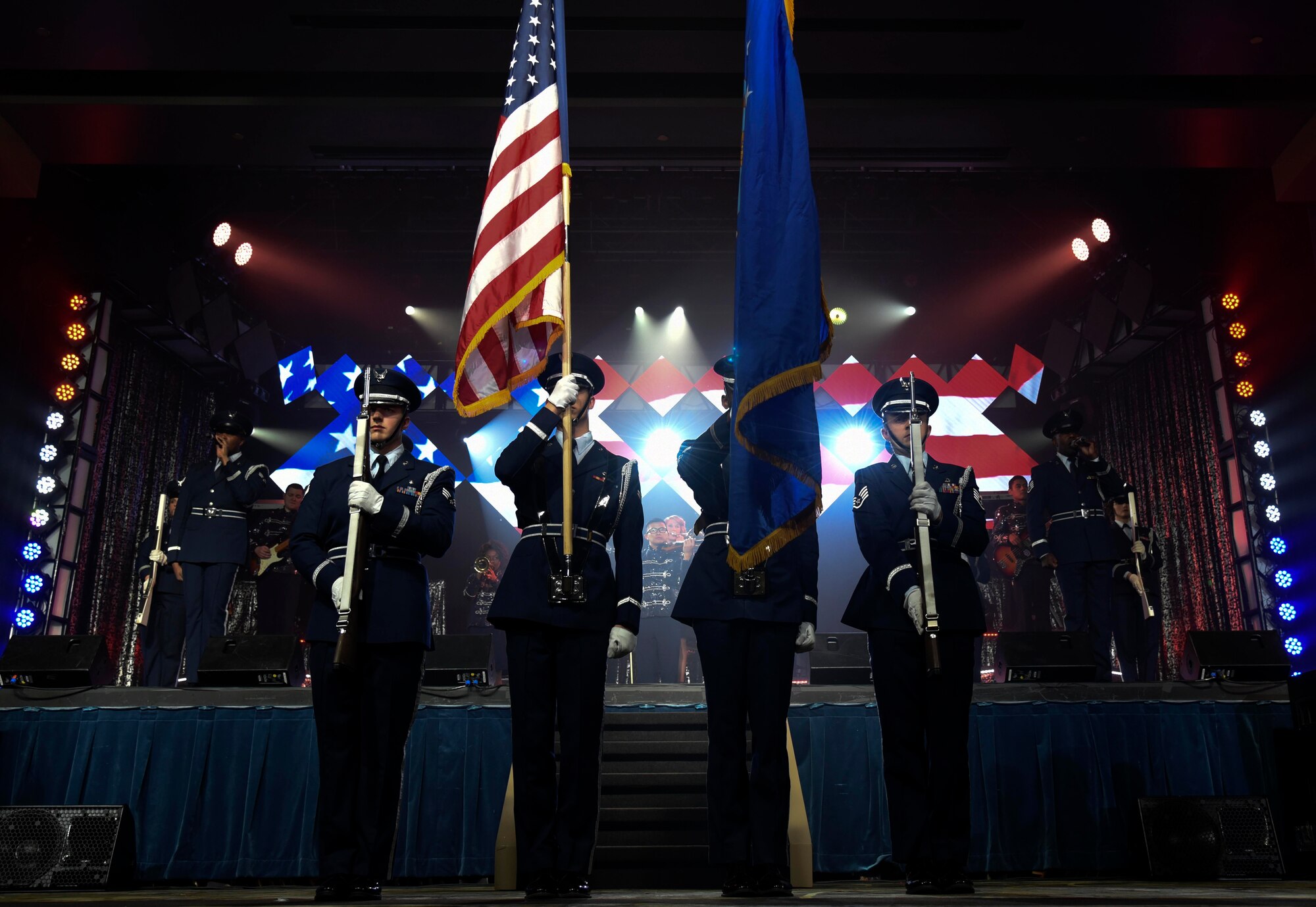 The Fairchild Air Force Base Honor Guard presents the colors during a Tops in Blue performance Nov. 23, 2015, Northern Quest Casino in Airway Heights, Wash. The Tops in Blue are one of the oldest and most widely traveled entertainment groups of its kind. (U.S. Air Force photo/ Senior Airman Janelle Patiño)
