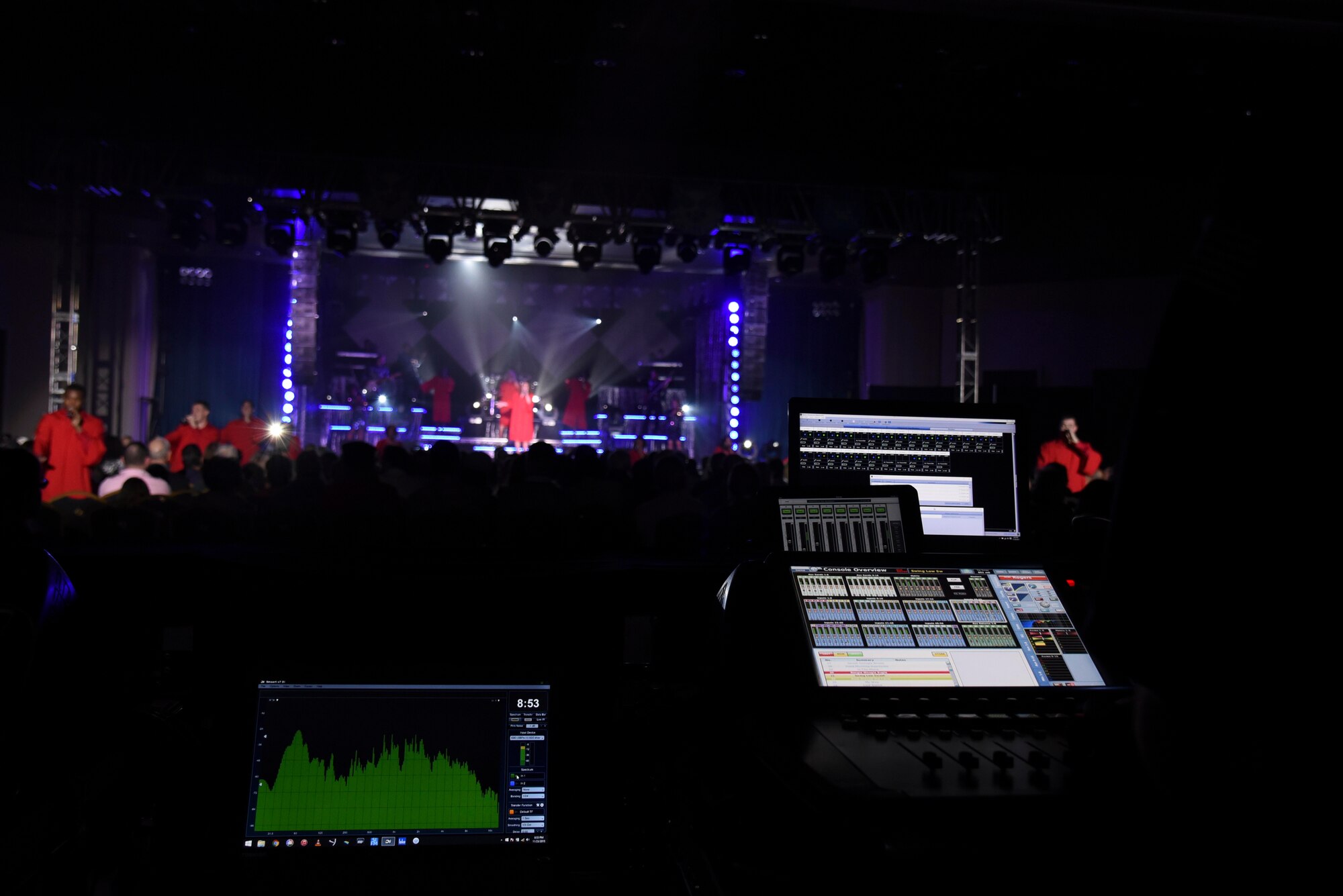In order for a Tops in Blue performance to be successful it requires a team of technicians as well as the performers Nov. 23, 2015, Northern Quest Casino in Airway Heights, Wash. The group is one of the oldest and most widely traveled entertainment groups of its kind. (U.S. Air Force photo/ Senior Airman Janelle Patiño) 