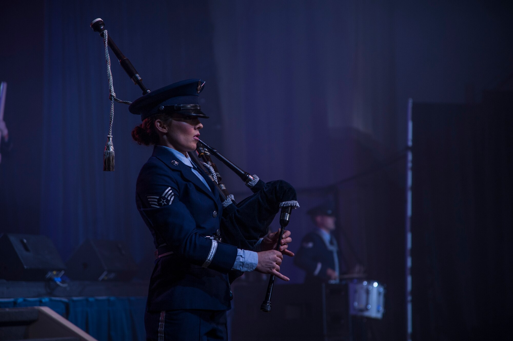 Staff Sgt. Marissa Strickland 392nd Intelligence Squadron cryptologic linguist, plays the bagpipes during a Tops in Blue performance Nov. 23, 2015, Northern Quest Casino in Airway Heights, Wash. What many people don’t know is that the group not only performs, but they also do everything from setting up to taking down all the equipment. (U.S. Air Force photo/ Airman 1st Class Sean Campbell)
