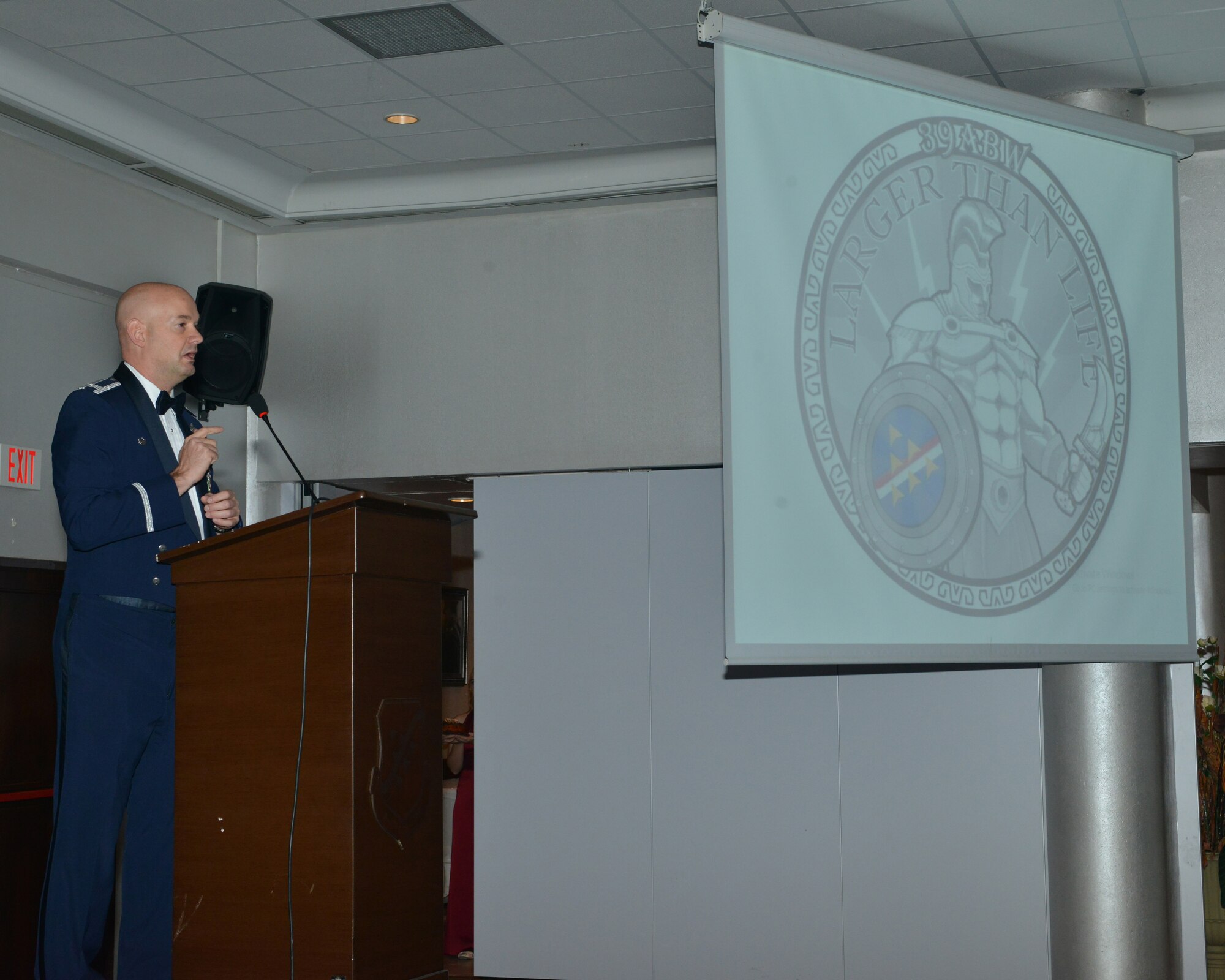 Col. Mark Anarumo, 39th Air Base Wing vice commander, speaks during the 2015 Air Force Ball Nov. 13, 2015, at Incirlik Air Base, Turkey. The ball was held to celebrate the Air Force’s 68th birthday and the 60th anniversary of the U.S. military presence at Incirlik. (U.S. Air Force photo by Staff Sgt. Michael Battles)