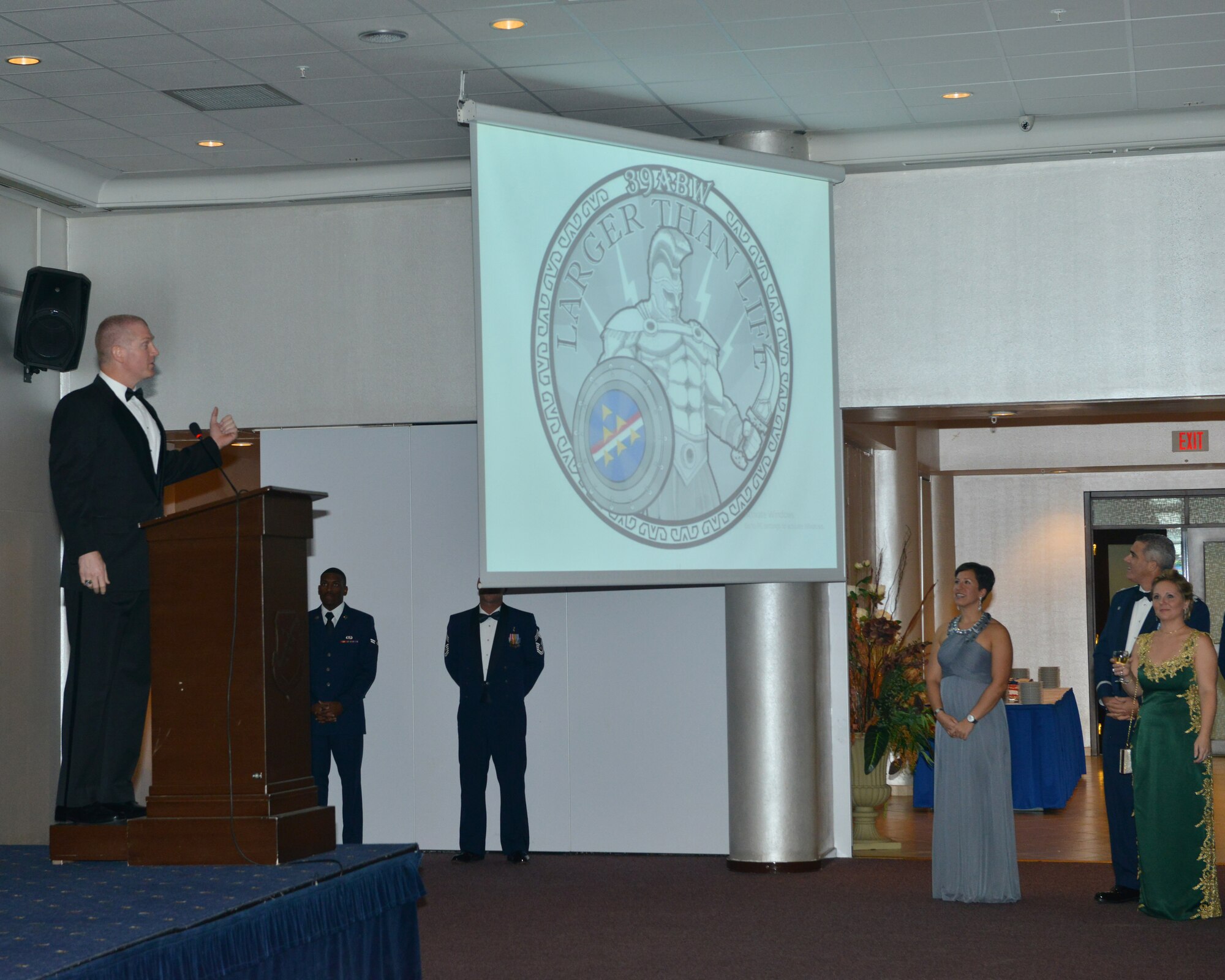 Col. John Walker, 39th Air Base Wing commander, reveals the new 39th ABW mascot, the Titan, at the 2015 Air Force Ball Nov. 13, 2015, at Incirlik AB, Turkey.  The new mascot was chosen to represent Incirlik and the mission, providing support, for Operation Inherent Resolve. (U.S. Air Force photo by Staff Sgt. Michael Battles)