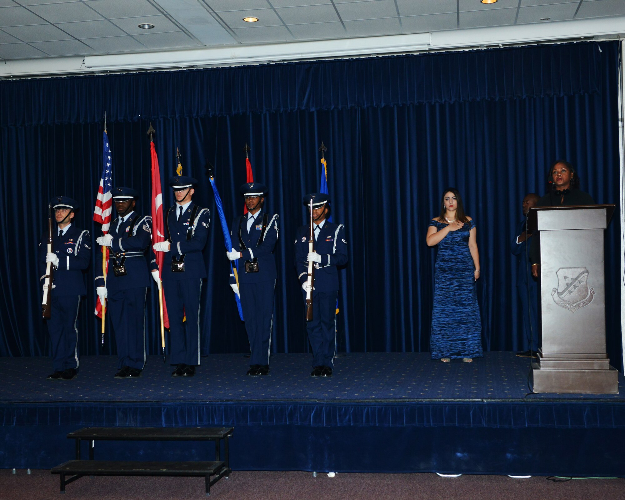 Almeda Giles, 39th Air Base Wing community support coordinator, sings the ‘Star Spangled Banner’ during the 2015 Air Force Ball Nov. 13, 2015, at Incirlik Air Base Turkey.  The event, held at the Club Complex here, celebrated the Air Force’s 68th birthday and the 60th anniversary of the U.S. military presence at Incirlik. (U.S. Air Force photo by Staff Sgt. Michael Battles)