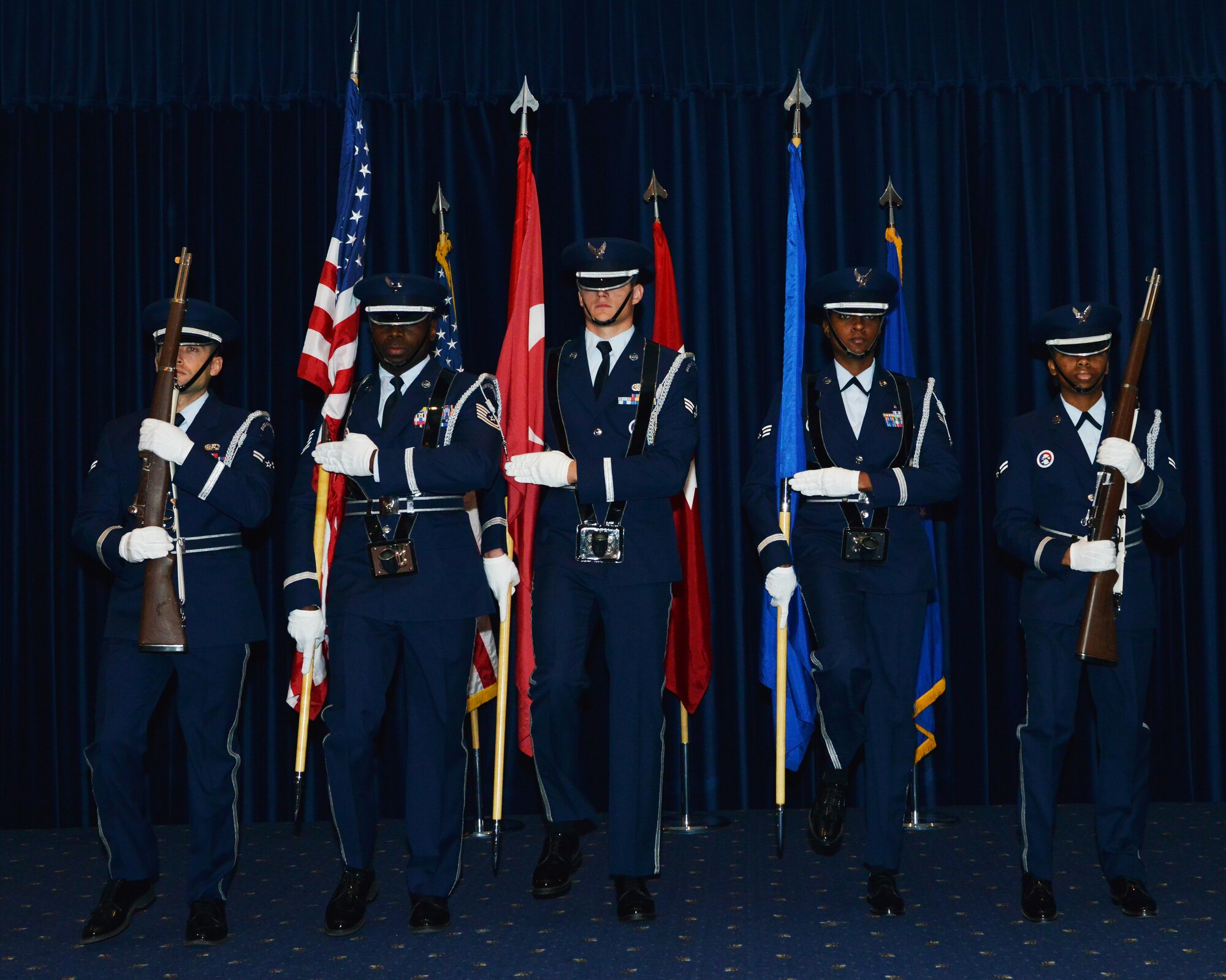 The Incirlik Honor Guard presents the colors during the 2015 Air Force Ball Nov. 13, 2015, at Incirlik Air Base, Turkey. The ball was held to celebrate the Air Force’s 68th birthday and the 60th anniversary of the U.S. military presence at Incirlik. (U.S. Air Force photo by Staff Sgt. Michael Battles)