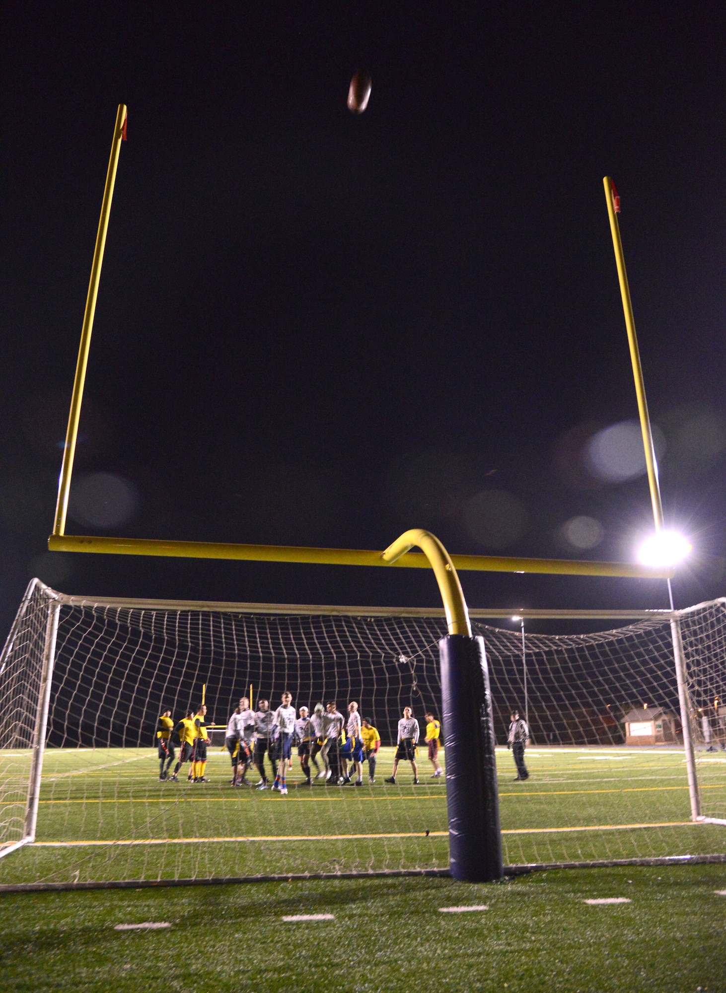 Reserve Gold’s Ryan Clary kicks a field goal during the fourth quarter of the first championship game on Nov. 19 to put his team up 10-7 and force a second game against the 552nd AMXS. (Air Force photo by Kelly White/Released)