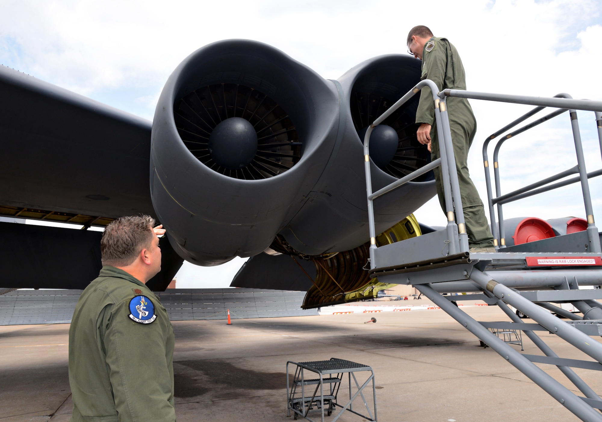 B-52 pilots with the 10th Flight Test Squadron thoroughly check every section of their planes to assure that they are running correctly. (Air Force photo by Kelly White/Released)