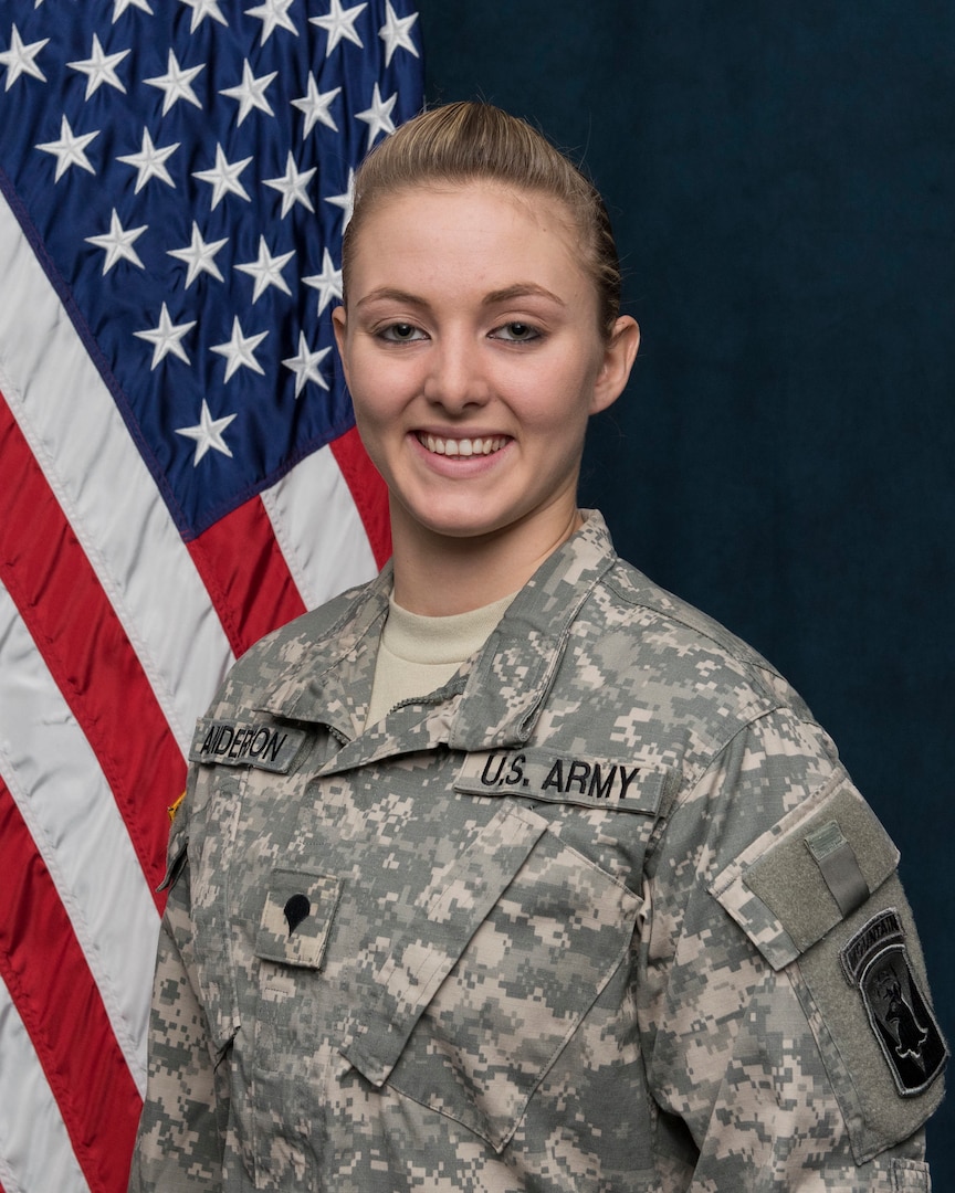 U.S. Army Spc. Skylar Anderson, is the first female Soldier to receive the 12B Military Occupational Specialty code, graduating August 31, 2015, through a reclassification course at the 164th Regiment, Regional Training Institute in Devils Lake, North Dakota. 
