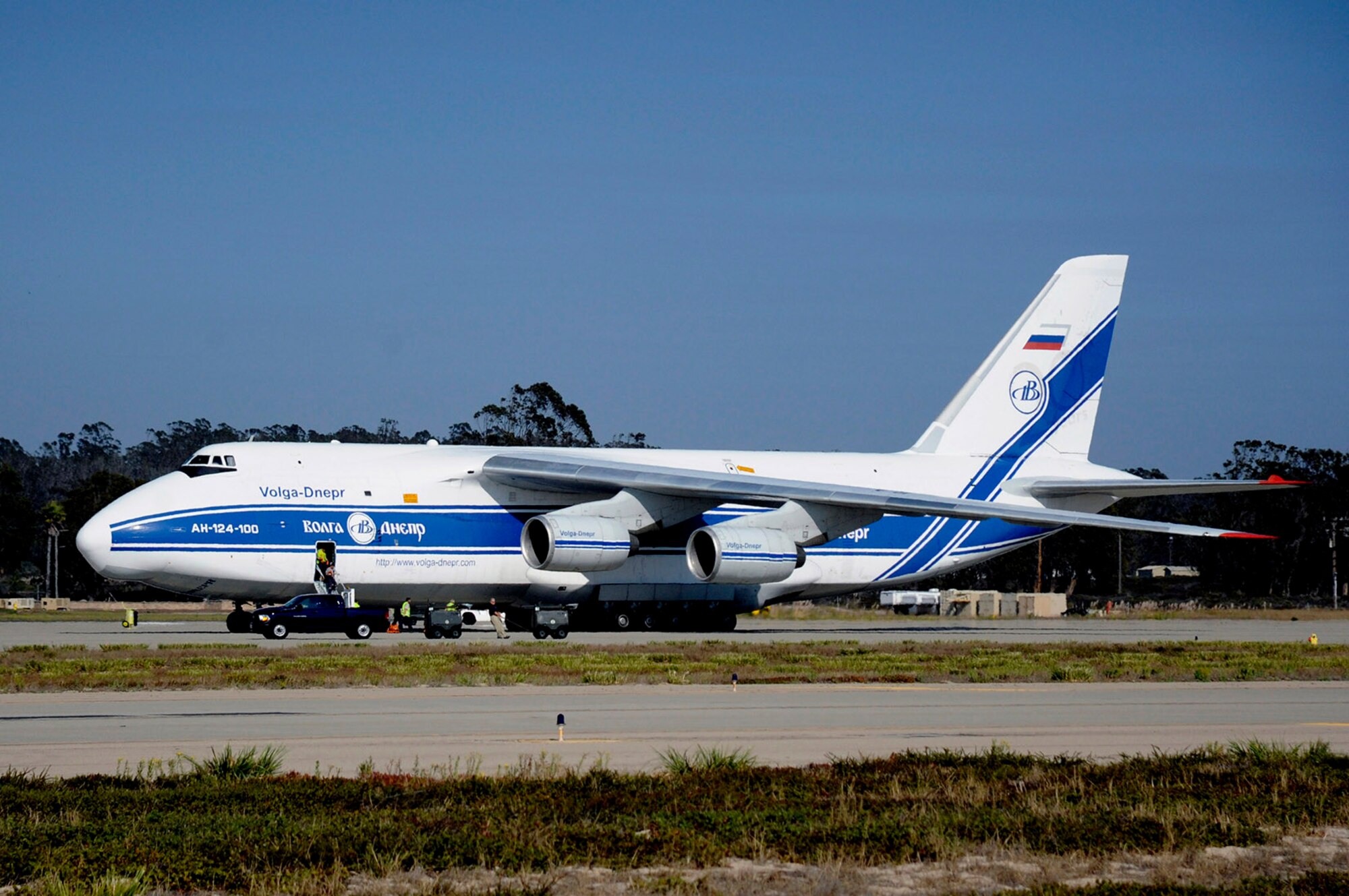 An Antonov AH-124-100 delivers rocket equipment upon its arrival at Vandenberg Air Force Base, Calif., Sept. 9, 2014. A similar aircraft -- the Antonov AN-124, one of the largest cargo aircraft in the world, made its way from a production facility in Huntsville, Ala., to deliver an Atlas V booster here Nov. 20. (U.S. Air Force Photo/Senior Airman Shane Phipps)