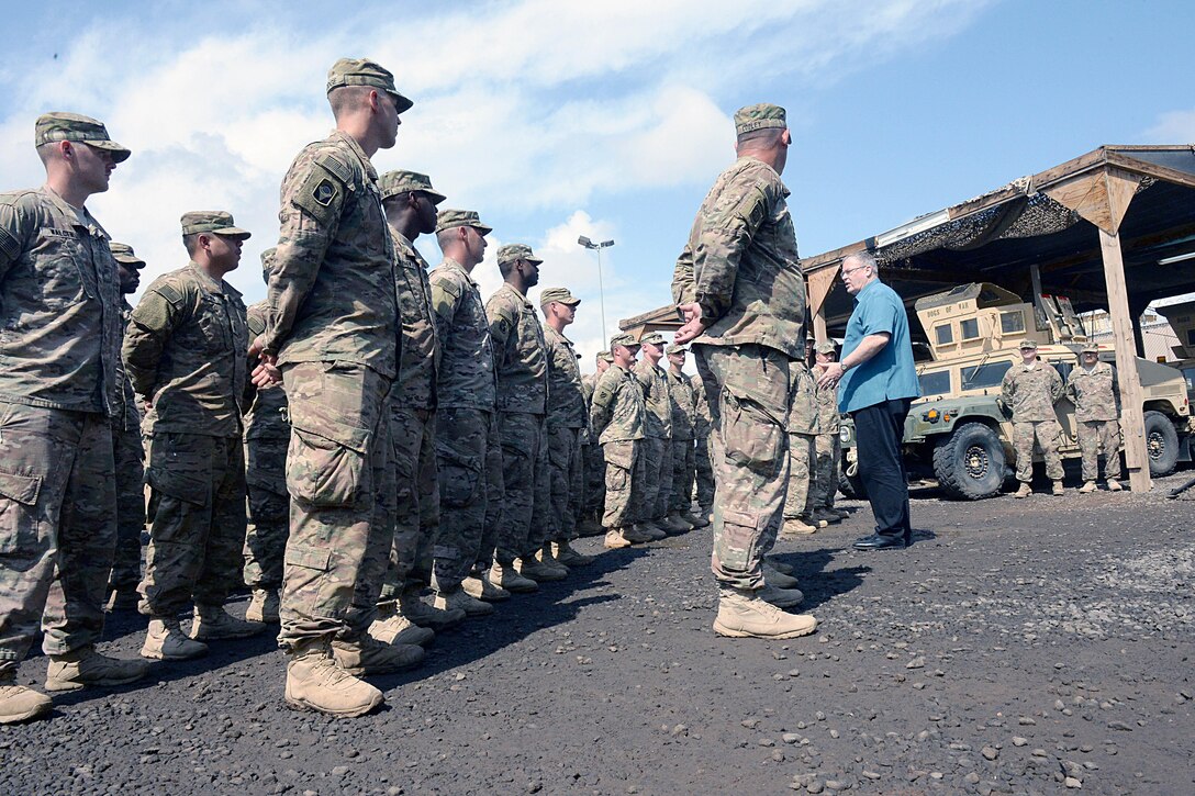 U.S. Deputy Defense Secretary Bob Work speaks to soldiers on Camp Lemonnier, Djibouti, Nov. 26, 2015. The soldiers are assigned to the Florida Army National Guard’s Company D, 2nd Battalion, 124th Infantry Regiment. DoD photo by Army Sgt. 1st Class Clydell Kinchen