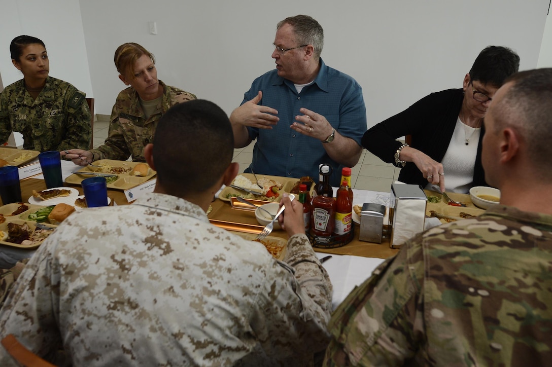 U.S. Deputy Defense Secretary Bob Work and his wife, Cassandra, meet over lunch with noncommissioned officers from Camp Lemonnier, Djibouti, Nov. 26, 2015. U.S. Air Force photo by Senior Airman Peter Thompson