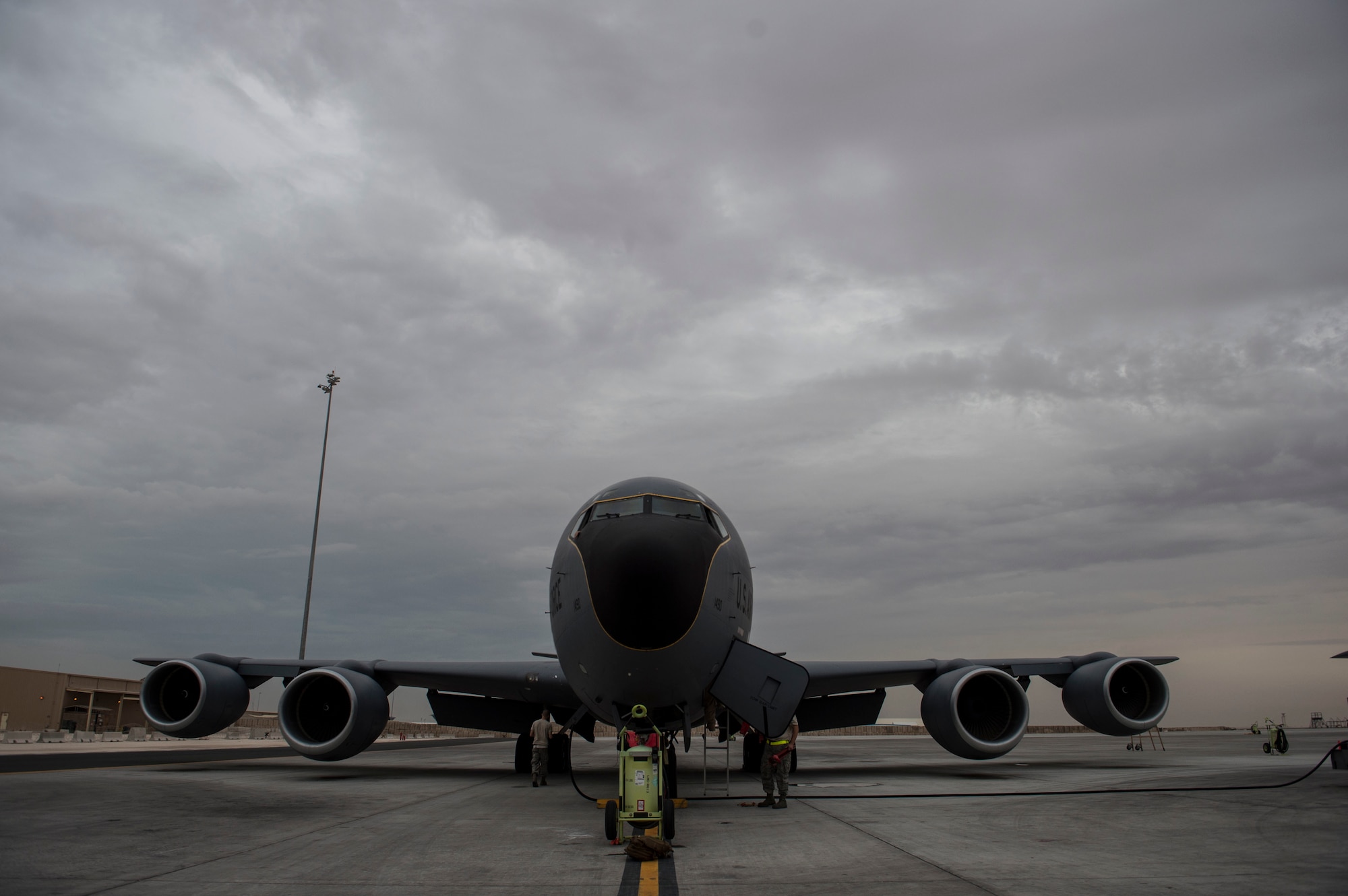 A U.S. Air Force  KC-135T Stratotanker, assigned to the 340th Expeditionary Air Refueling Squadron sits on the flightline at Southwest Asia, Nov. 23, 2015. Coalition forces fly daily missions in support of Operation Inherent Resolve.(U.S. Air Force photo by Staff Sgt. Corey Hook/Released)