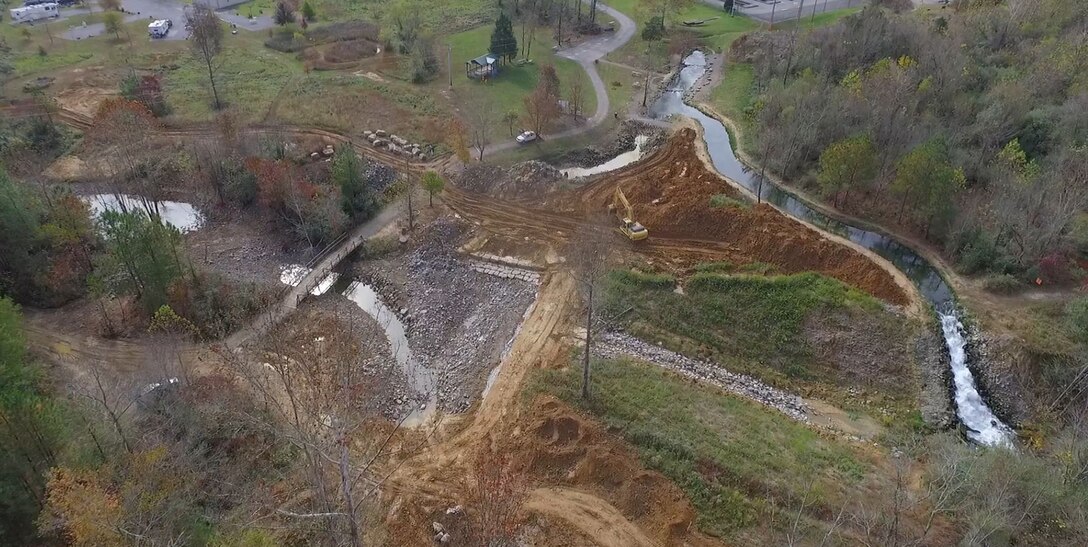 An aerial view of  Hatchery Creek construction in the final phase, the short stream is located behind the Wolf Creek National Fish Hatchery, downstream of Wolf Creek Dam and Lake Cumberland in Russell County is currently closed for the final phase of construction.  