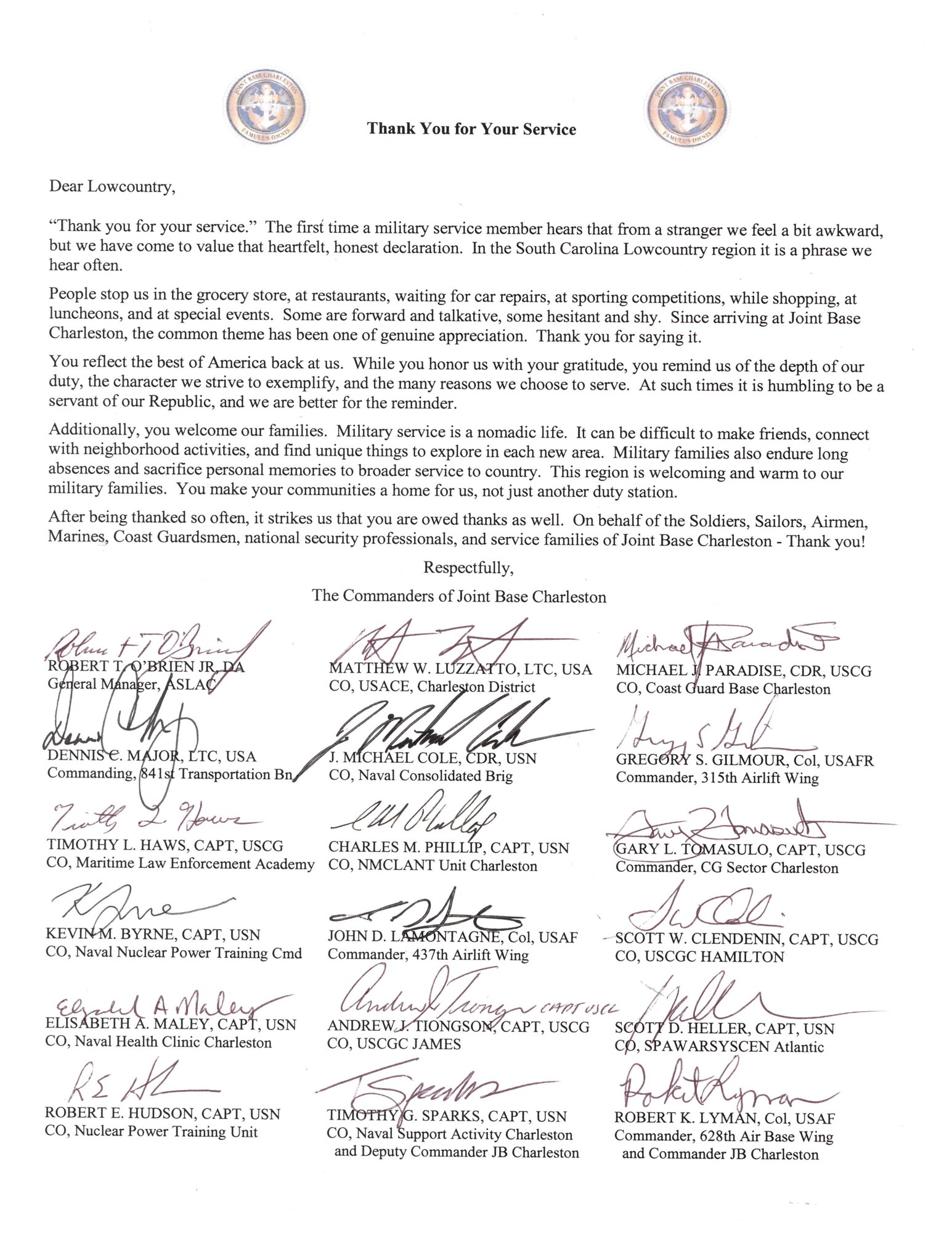 Team Charleston commanders thank community ikn letter for support.