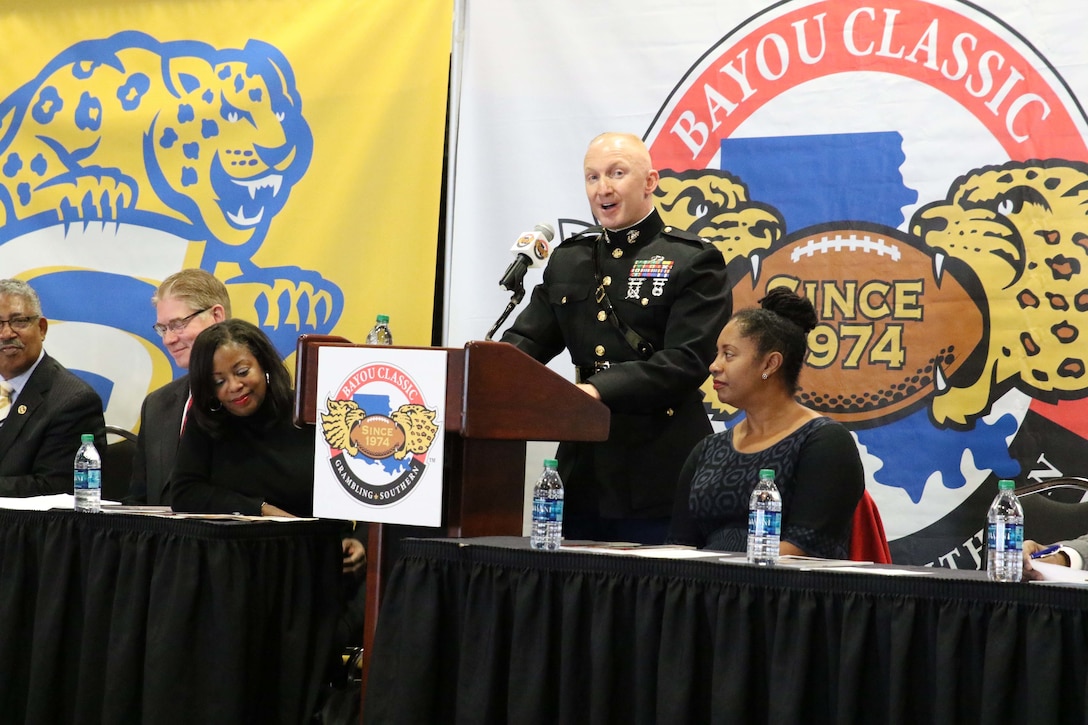 Major Christopher Siekman, Marine Corps Recruiting Station Baton Rouge commanding officer, gives remarks during the Bayou Classic Kick Off Press Conference held at the New Orleans Mercedes-Benz Superdome, Nov. 24, 2015. The Marine Corps has been partners with the Bayou Classic for the past 15 years as a way to connect and strengthen the United States Marine Corps’ relationship with Historically Black College Universities while also reinforcing the idea of the armed services as a viable career option for college and high school graduates. (U.S. Marine Corps photo by Sgt. Rubin J. Tan/Released)
