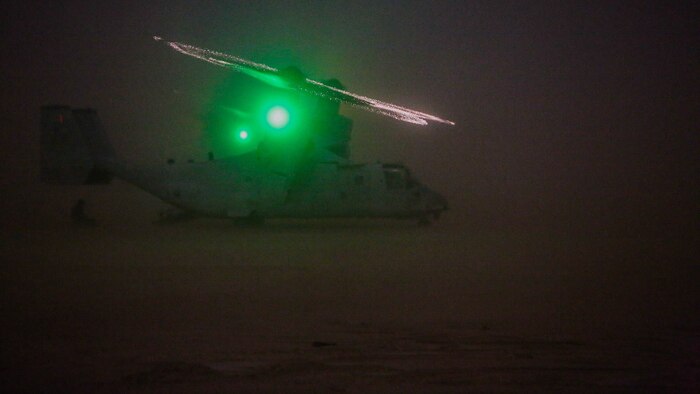 A U.S. Marine Corps MV-22 Osprey with U.S. Marines embarked from Company C, 1st Battalion, 7th Marine Regiment, Special Purpose Marine Air Ground Task Force-Crisis Response-Central Command, lands at an undisclosed location in Southwest Asia to insert the Marines into a training area during a mission readiness exercise Nov. 23, 2015.  The training exercise consisted of a scenario where a forward operating base in the area of responsibility required SPMAGTF-CR-CC reinforcement as part of its crisis response mission spanning 20 nations in the U.S. Central Command area of responsibility. 