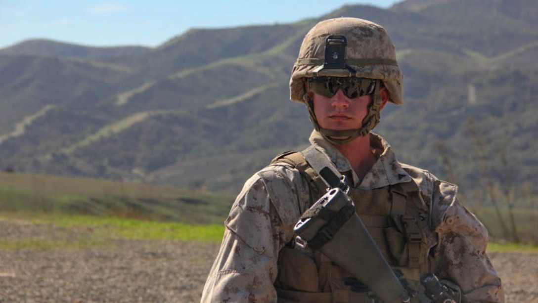 Lance Cpl. Taylor Drake, a combat engineer with 2nd Platoon, Bravo Company, 1st Combat Engineer Battalion, 1st Marine Division, prepares for breaching and room clearing drills aT Marine Corps Base Camp Pendleton, California, Oct. 8, 2015. Drake, a Phoenix native, joined the Marine Corps to carry on the legacy of his family.