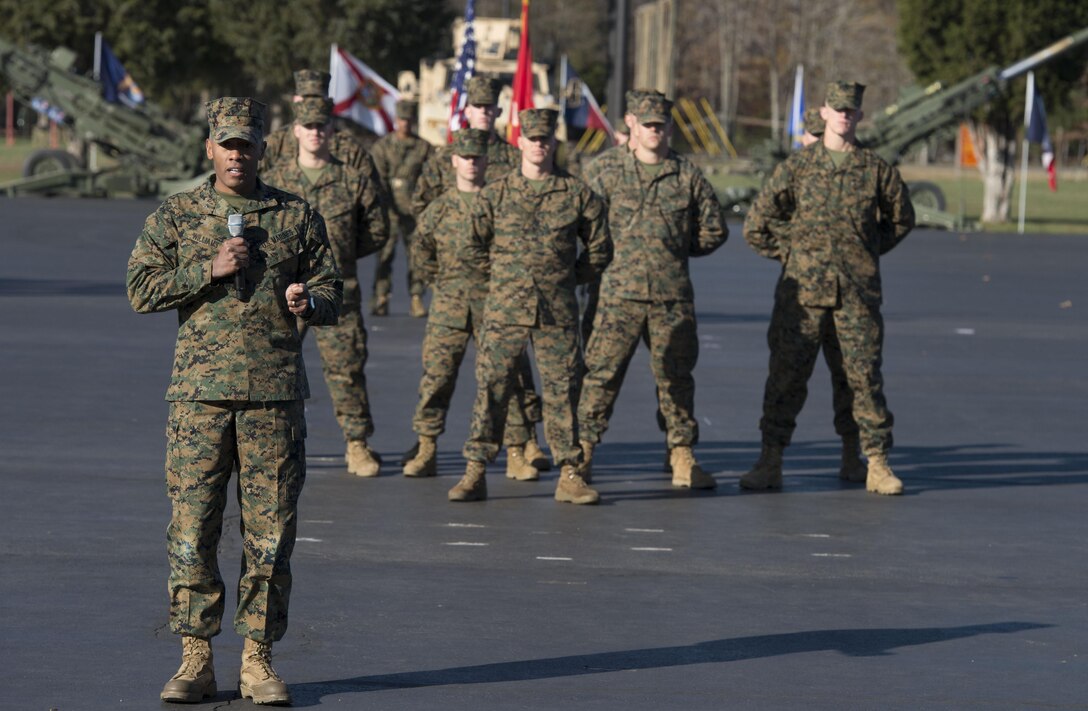 Brig. Gen. Terry V. Williams, commanding general of Marine Corps Recruit Depot Parris Island and Eastern Recruiting Region, speaks during the 75th anniversary of Officer Candidate School on Brown Field ceremony and candidate graduation at Marine Corps Base Quantico, Virginia. Nov. 24, 2015. The mission of OCS is to educate and train officer candidates in Marine Corps knowledge and skills within a controlled, challenging and chaotic environment. (U. S. Marine Corps photo by Lance Cpl. Erasmo Cortez III) 
