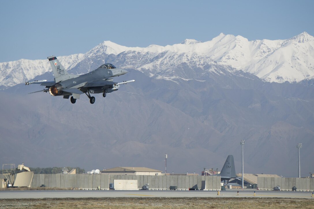 U.S. Air Force Col. Henry Rogers takes off on a sortie in an F-16 Fighting Falcon aircraft from Bagram Airfield, Afghanistan, Nov. 27, 2015. U.S. Air Force photo by Tech. Sgt. Robert Cloys