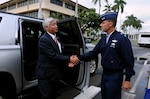 U.S. Air Force Maj. Gen. Mark Dillon, Pacific Air Forces vice commander, greets Japan Minister of Defense Gen Nakatani, during his visit to the 613th Air Operations Center Nov. 23, 2015, at Joint Base Pearl Harbor-Hickam, Hawaii. Nakatani and members of his defense forces were here to conduct bilateral talks with U.S. Pacific Command and PACAF about ongoing and future operations in the pacific. 