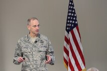 Air Force Surgeon General Lt. Gen. Mark Ediger briefs attendees on the opening day of the 2015 Senior Leadership Workshop, held at the National Conference Center in Leesburg, Va. The week-long workshop, from November 16 to the 20, focused on the theme, "Trusted Care, Anywhere: Strategy to Action." (Photo by Jon Stock, USAF)