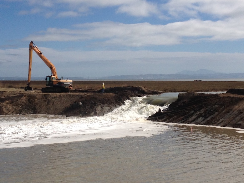 A levee at Sears Point in Sonoma County, Calif., is breached as part of a project to restore wetlands and protect the San Francisco Bay Area against anticipated sea level rise. The largest private environmental project in the Bay Area was authorized by the U.S. Army Corps of Engineers San Francisco District under terms of the Clean Water Act.  