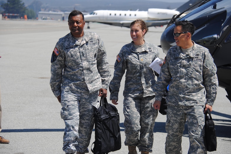 Lt. Gen. Thomas P. Bostick, left, commanding general and chief of engineers, U.S. Army Corps of Engineers, arrives at Monterey Airport prior to taking a tour of the Presidio of Monterey, one of several projects he visited while in the San Francisco Bay Area.  