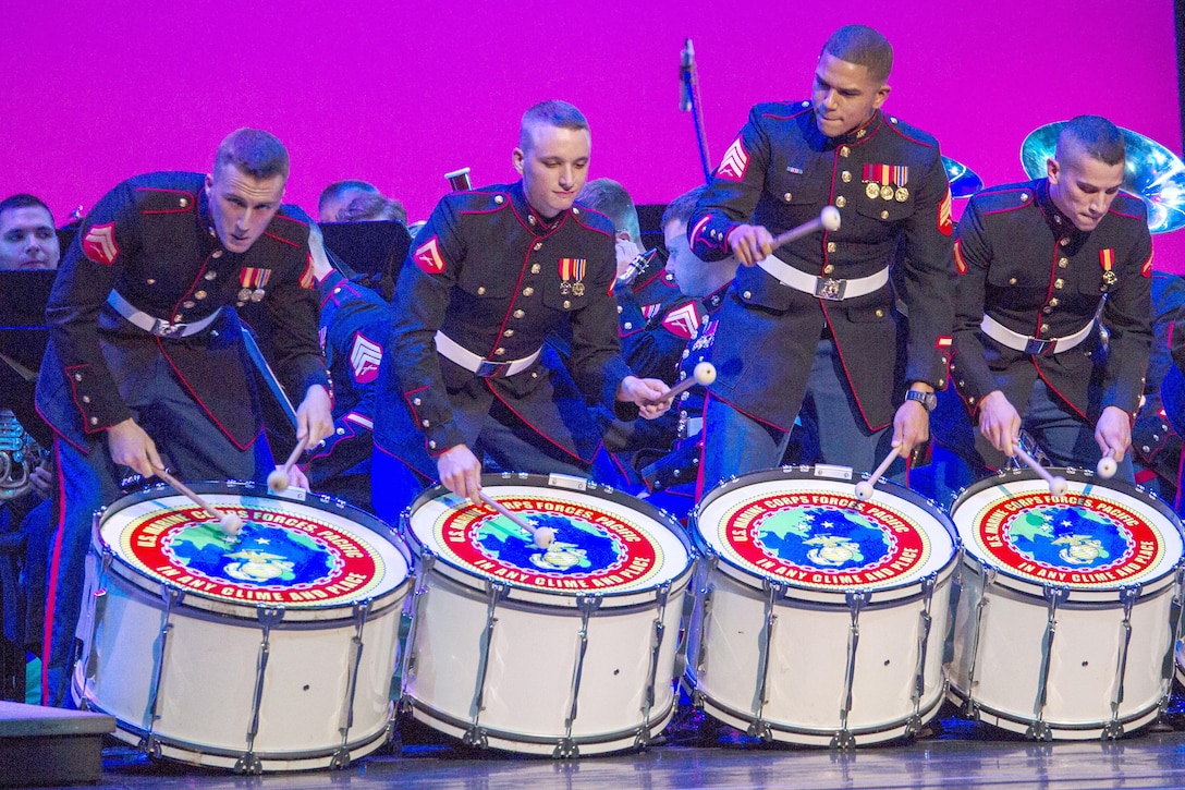 Marines perform during the 8th annual Na Mele o na Keiki, a Christmas concert for children, at the Hawaii Theatre Center in Honolulu, Nov. 28, 2015. The concert, which supported the U.S. Marine Corps Reserve Toys for Tots Campaign, collected more than 2,000 toys and more than $2,400 in donations. The Marines are members of the U.S. Marine Corps Forces, Pacific Band. U.S. Marine Corps photo by Lance Cpl. Jonathan E. LopezCruet