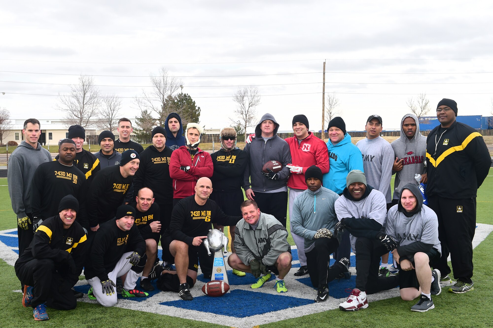 Officers and senior NCOs from the 743rd Military Intelligence Battalion squared off in the annual Army Turkey Bowl Nov. 25, 2015, on Buckley Air Force Base, Colo.  The final outcome of the game was 24 to 18 with the officers walking away with the victory. (U.S. Air Force photo by Airman 1st Class Luke W. Nowakowski/Released)