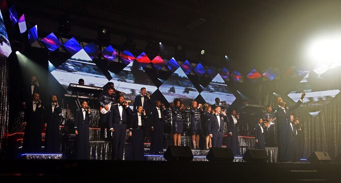 Tops in Blue members perform “Freedom’s Song” as the last song of the night during the group’s Nov. 28 performance at the Montana Expo Park in Great Falls, Mont. More than 30 performers and technicians made up the roster for the 2015 tour. (U.S. Air Force photo/Airman Collin Schmidt)
