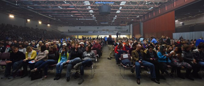 Members of the Great Falls community and Malmstrom Air Force Base, Mont., gather at the Montana Expo Park for a Tops in Blue performance Nov. 28. More than 350 people attended the event. (U.S. Air Force photo/Airman Collin Schmidt) 