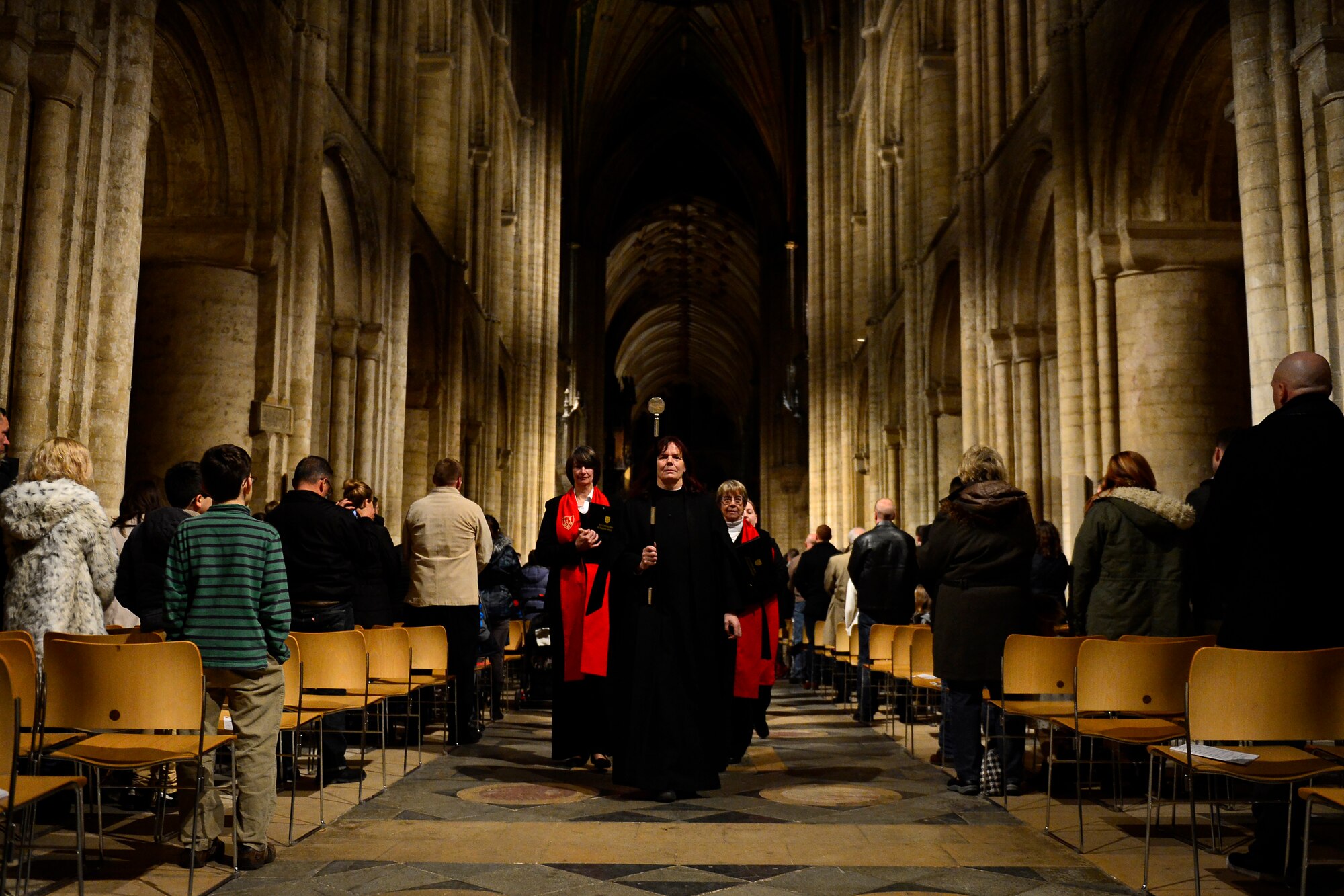 The recessional leaves after the Thanksgiving Eve service at the Ely Cathedral in Ely, England, Nov. 25, 2015. The 29th Annual Thanksgiving Service gave U.S. service members in England an opportunity to enjoy an American holiday service within the British community. (U.S. Air Force photo by Airman 1st Class Erin R. Babis/Released)