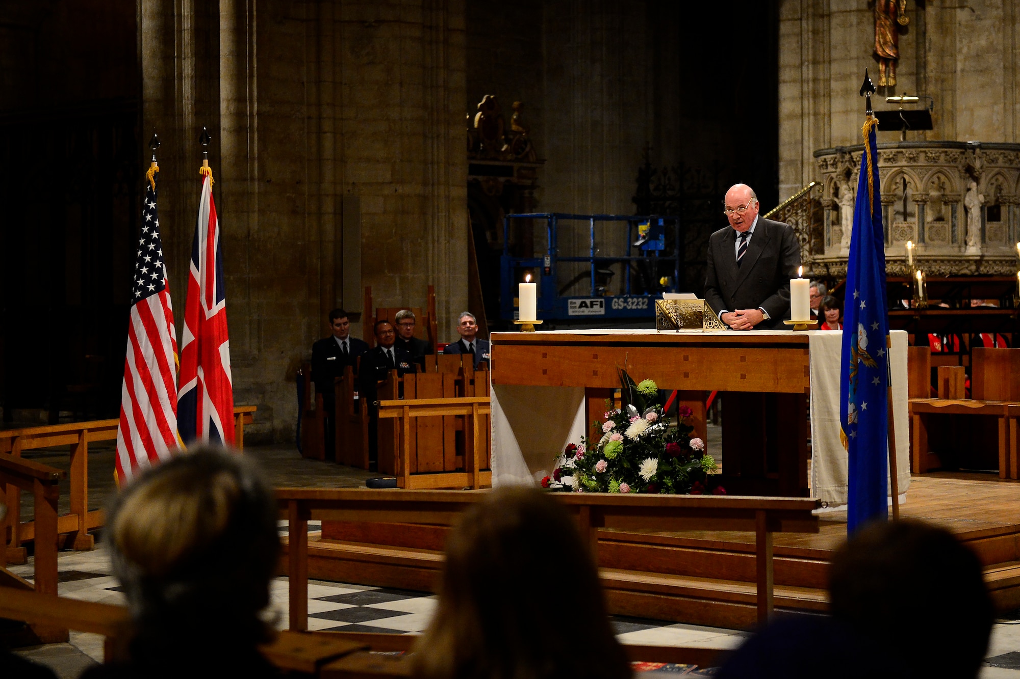 General the Lord Dannatt, Constable of the Tower of London, gives the Thanksgiving message during a Thanksgiving Eve Service at Ely Cathedral in Ely, England, Nov. 25, 2015. The 29th Annual Thanksgiving Service gave U.S. service members in England an opportunity to enjoy an American holiday service within the British community. (U.S. Air Force photo by Airman 1st Class Erin R. Babis/Released)