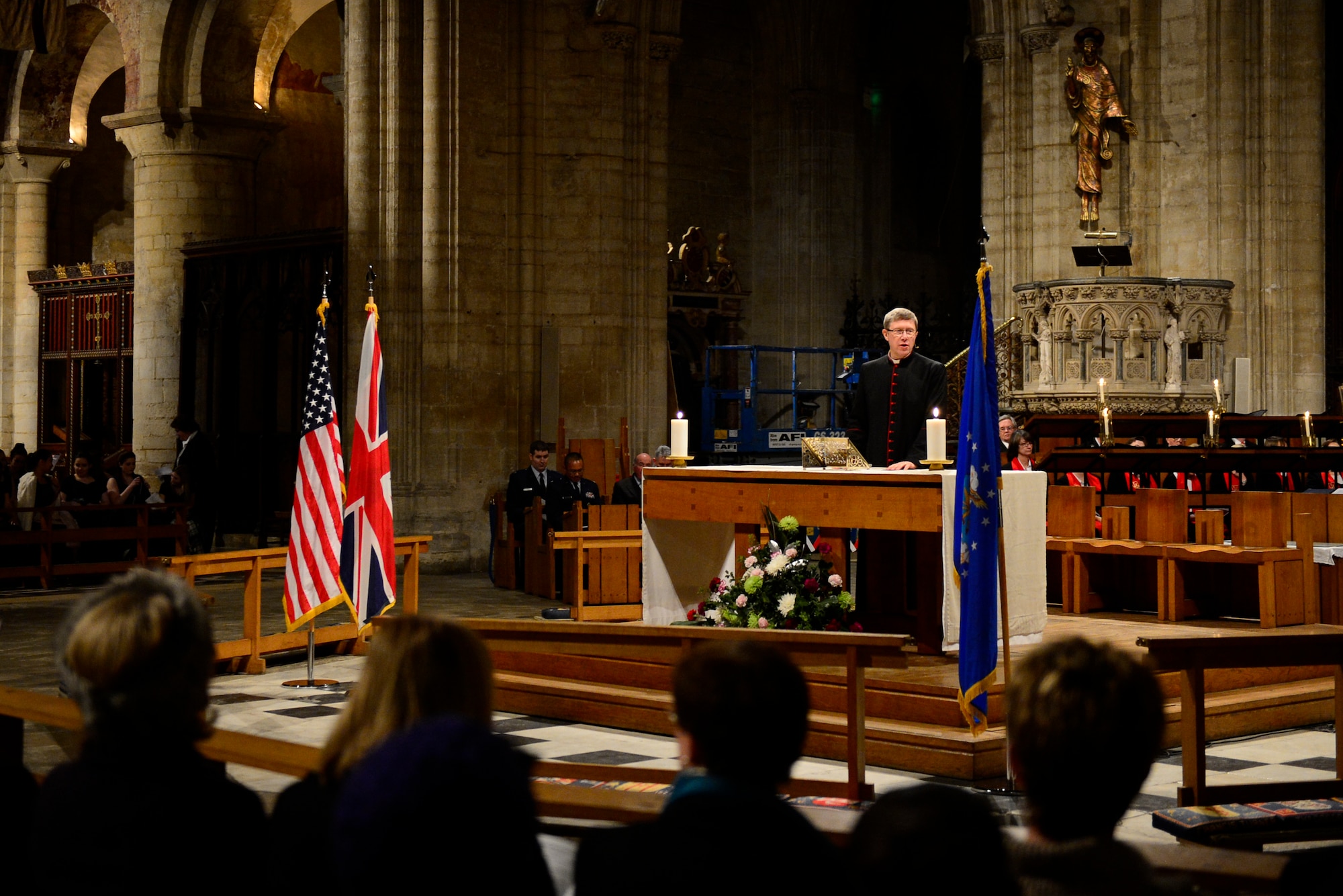 The Very Rev. Mark Bonney, Dean of Ely, greeted all those in attendance during a Thanksgiving Eve Service at Ely Cathedral in Ely, England, Nov. 25, 2015. The 29th Annual Thanksgiving Service gave U.S. service members in England an opportunity to enjoy an American holiday service within the British community. (U.S. Air Force photo by Airman 1st Class Erin R. Babis/Released)