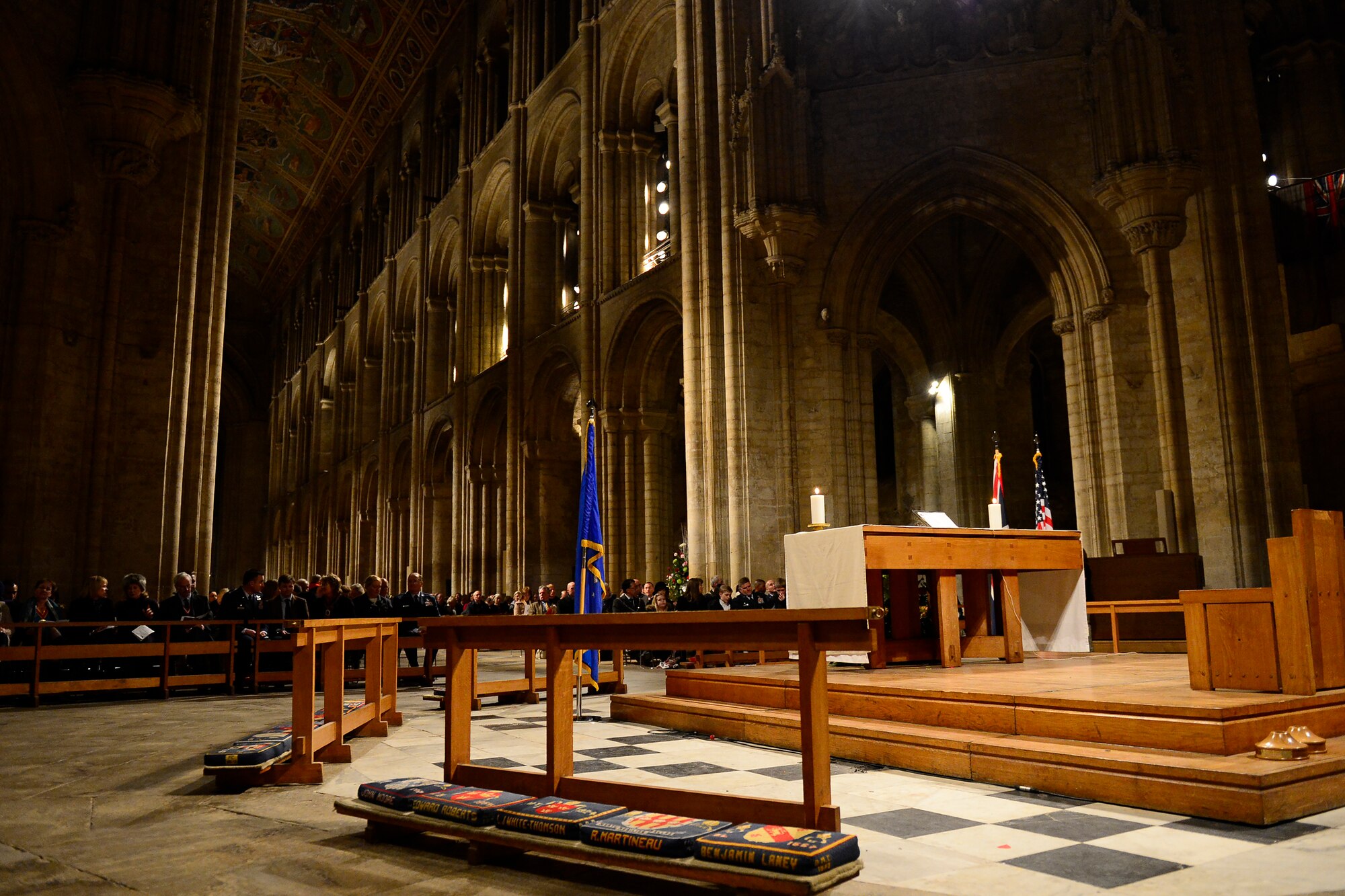 American service members, their families and other employees of Royal Air Forces Lakenheath, Feltwell and Mildenhall attend a Thanksgiving Eve Service at Ely Cathedral in Ely, England, Nov. 25, 2015. The 29th Annual Thanksgiving Service gave U.S. service members in England an opportunity to enjoy an American holiday service within the British community. (U.S. Air Force photo by Airman 1st Class Erin R. Babis/Released)