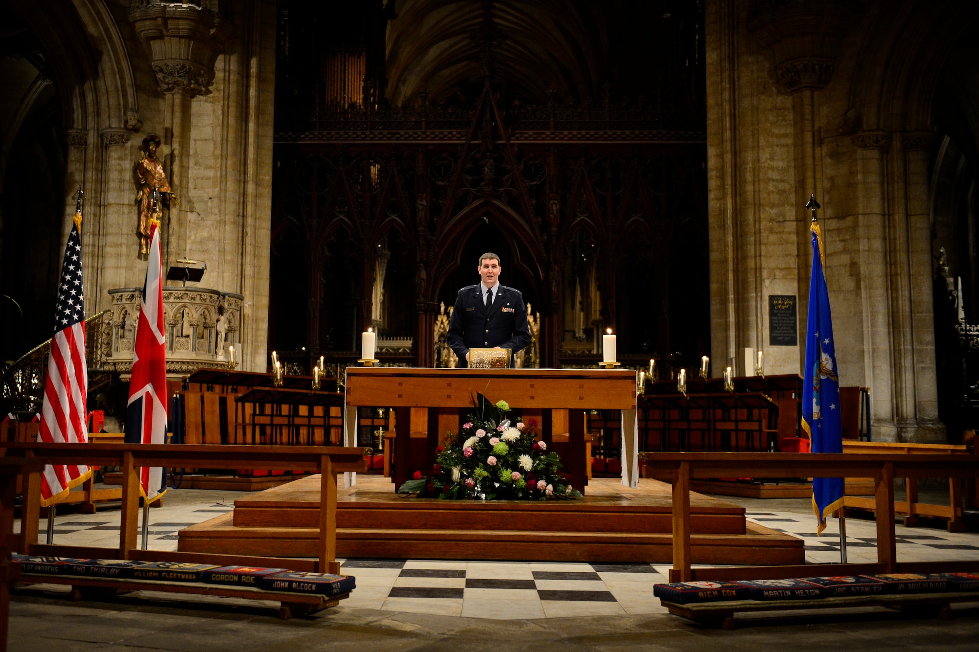 Capt. Matthew Knight, 48th Fighter Wing chaplain, speaks before a Thanksgiving Eve Service at Ely Cathedral in Ely, England, Nov. 25, 2015. The 29th Annual Thanksgiving Service gave U.S. service members in England an opportunity to enjoy an American holiday service within the British community. (U.S. Air Force photo by Airman 1st Class Erin R. Babis/Released) 