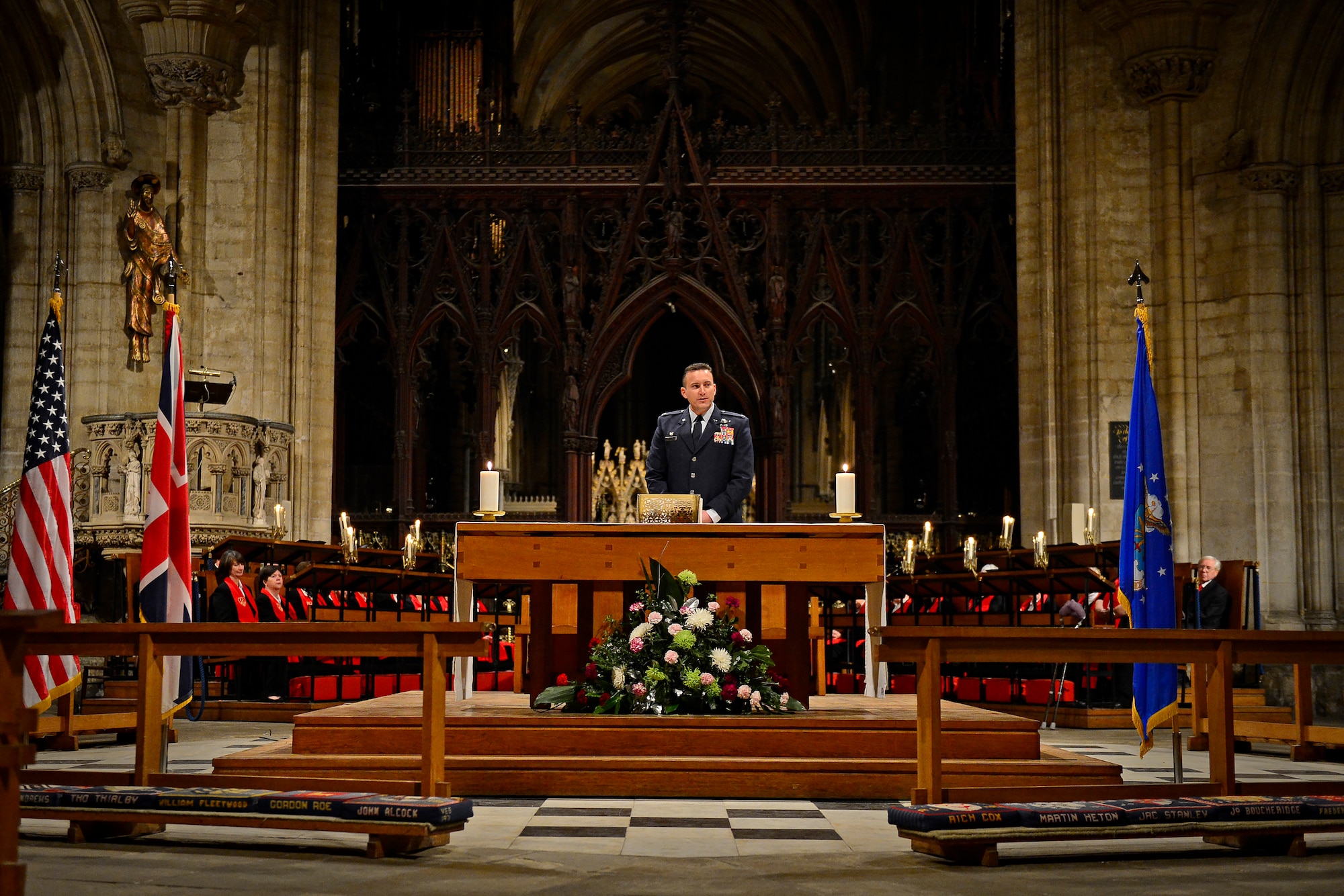 Col. Robert Novotny, 48th Fighter Wing commander, introduces the guest speaker during a Thanksgiving Eve Service at Ely Cathedral in Ely, England, Nov. 25, 2015. The 29th Annual Thanksgiving Service gave U.S. service members in England an opportunity to enjoy an American holiday service within the British community. (U.S. Air Force photo by Airman 1st Class Erin R. Babis/Released)