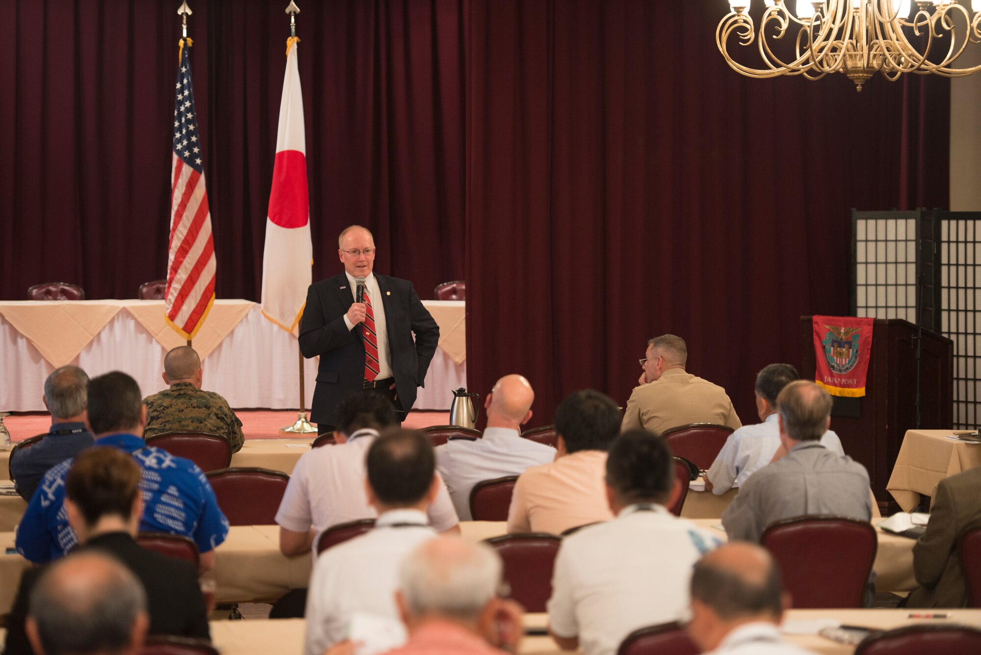 The Society of American Military Engineers Japan Post meet with members of the Okinawan Department of Commerce, Okinawan Department of Labor and other SAME members during an energy workshop at the Kadena Officer???s Club, Nov. 18, 2015. The goal of the workshop was to discuss energy efficiency, diversity and security. Together military engineers and local government can work together to preserve, protect, conserve and restore our national resources through sustainable practices. (U.S. Air Force photo by Senior Airman Omari Bernard)